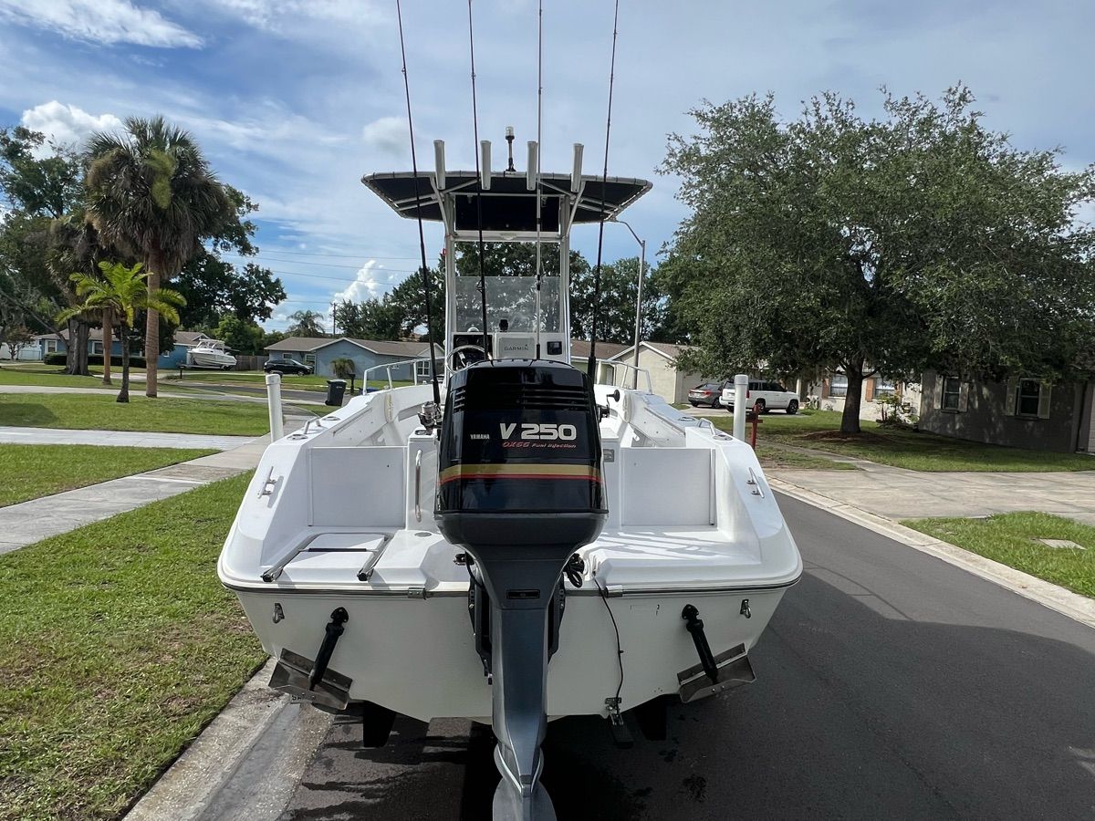A 1994 Sea Ray Laguna with a V250 outboard motor, parked on a street in a residential area.