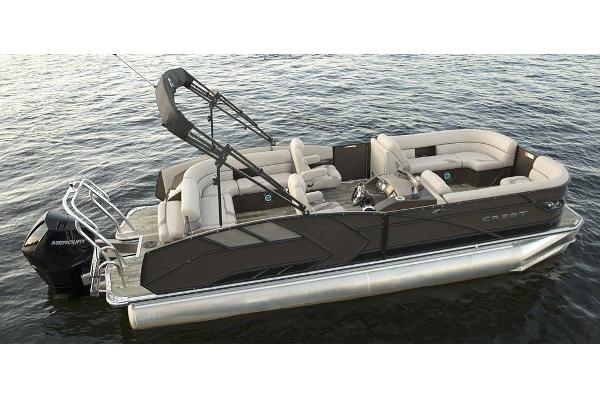 Manufacturer Provided Image: 2021 Crest Caribbean LX 250 SLS pontoon boat on water, featuring luxurious seating and a Mercury outboard motor.
