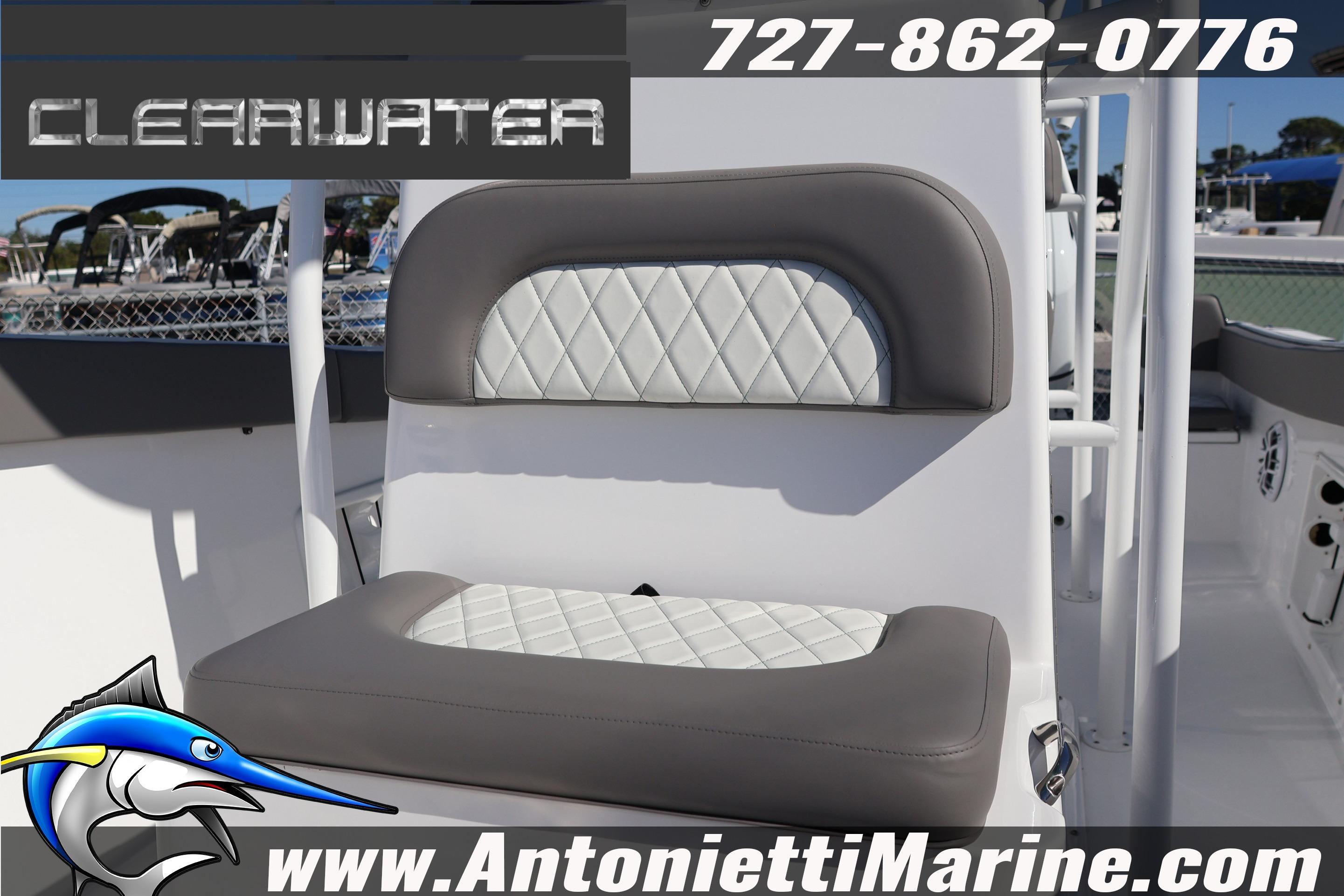 Boat seat on 2026 Clearwater 2300, featuring diamond-pattern upholstery.