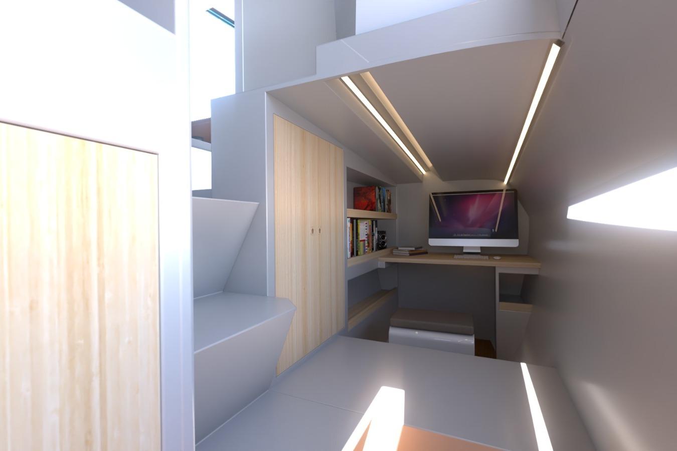 Modern interior of 2026 Catamaran Cruisers Power Cat with sleek design and workspace.
