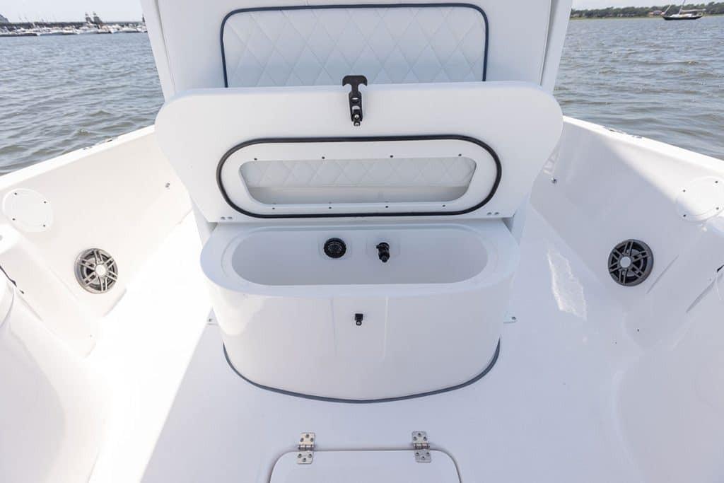 2027 Sea Fox 231 Bay Fox boat interior with open storage compartment.