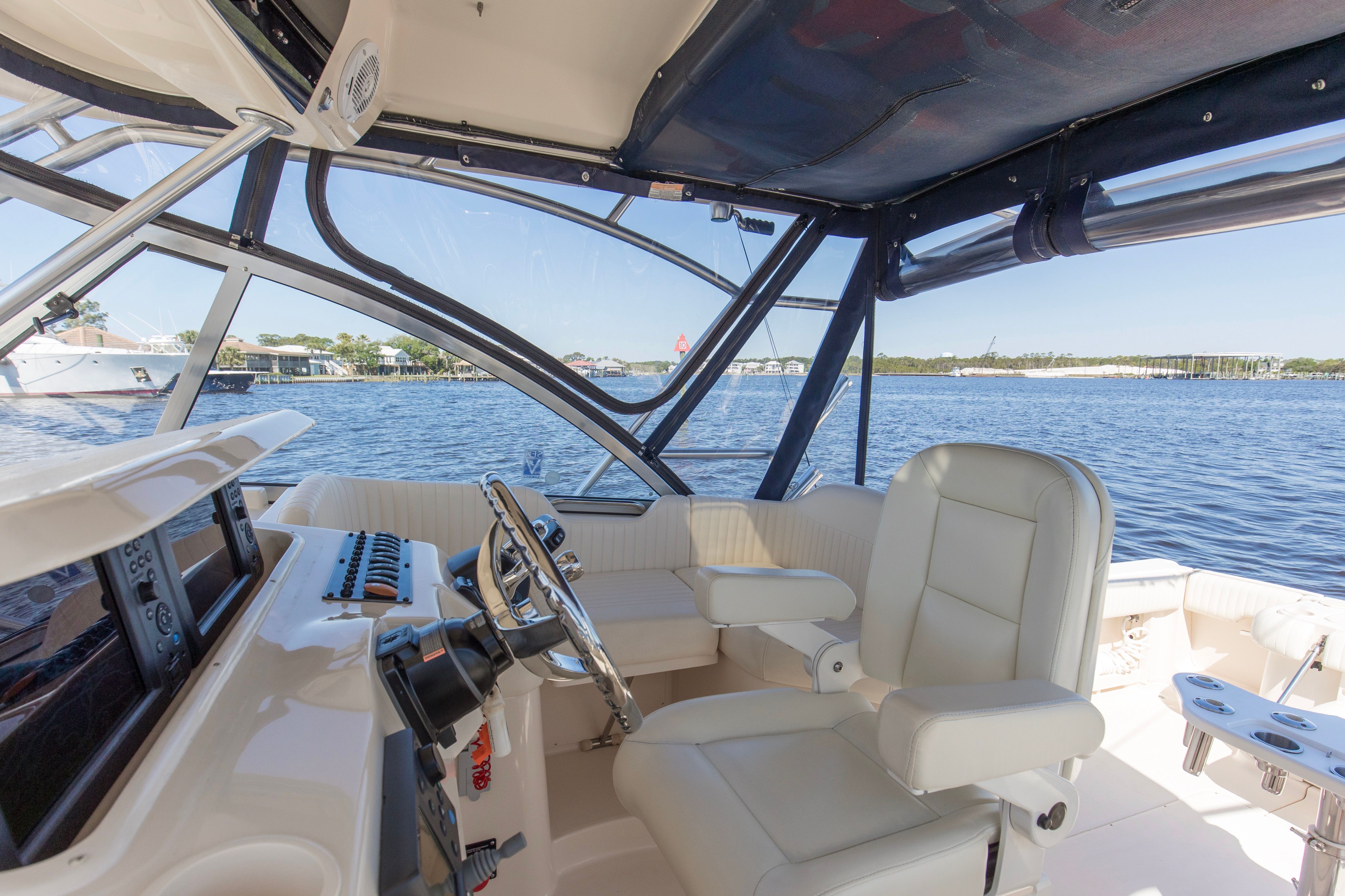 Interior of a 2009 Grady-White Express 330 yacht on the water.