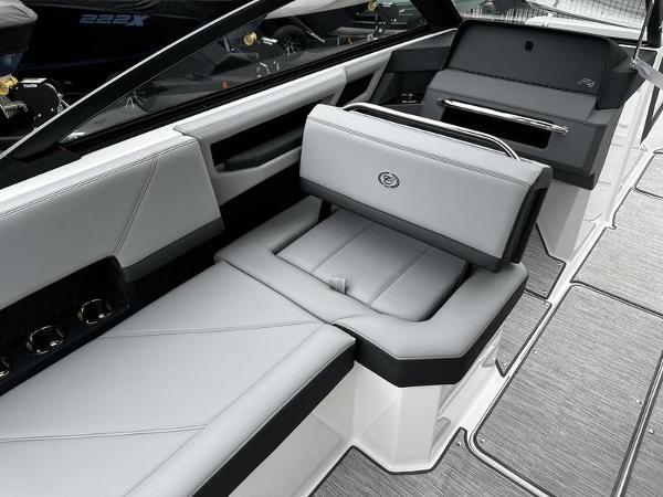 2025 Cobalt R4 boat interior with sleek gray seating and modern design.