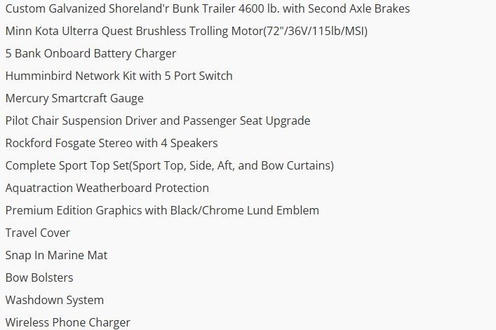 2026 Lund 2275 Baron features list with premium upgrades and accessories.
