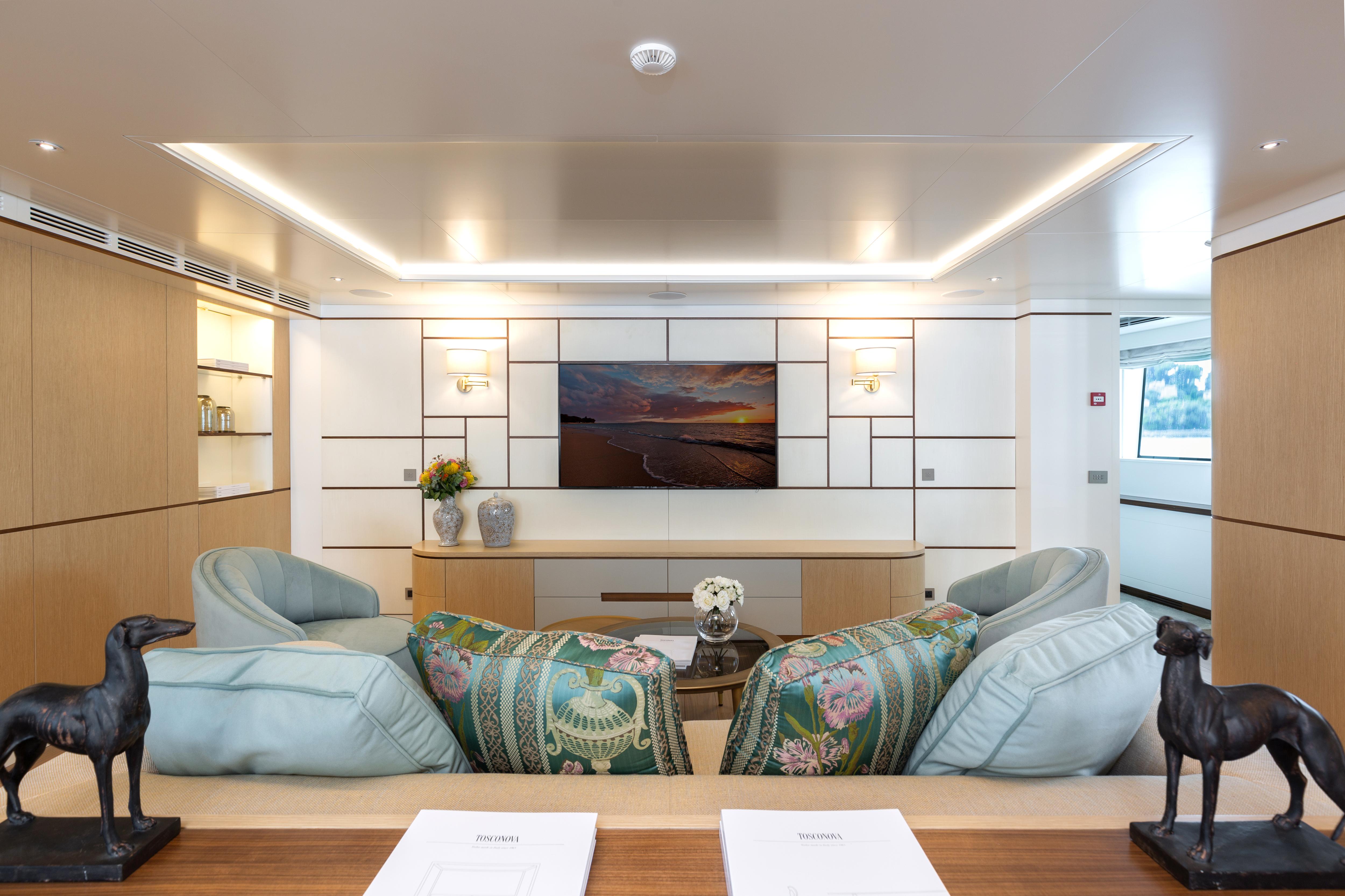 Luxurious Versilcraft HS 2022 yacht interior with elegant seating and modern decor.