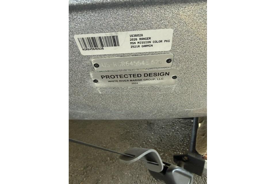 Label on 2026 Ranger Z521R Cup-Equipped boat, featuring protected design details.