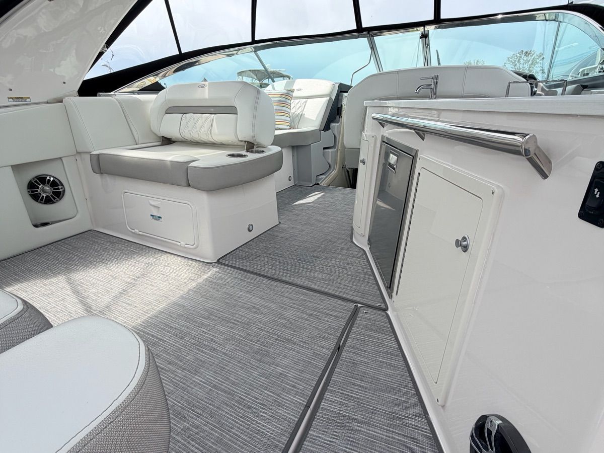 Interior of a 2021 Regal 33 Express with sleek seating and modern amenities.