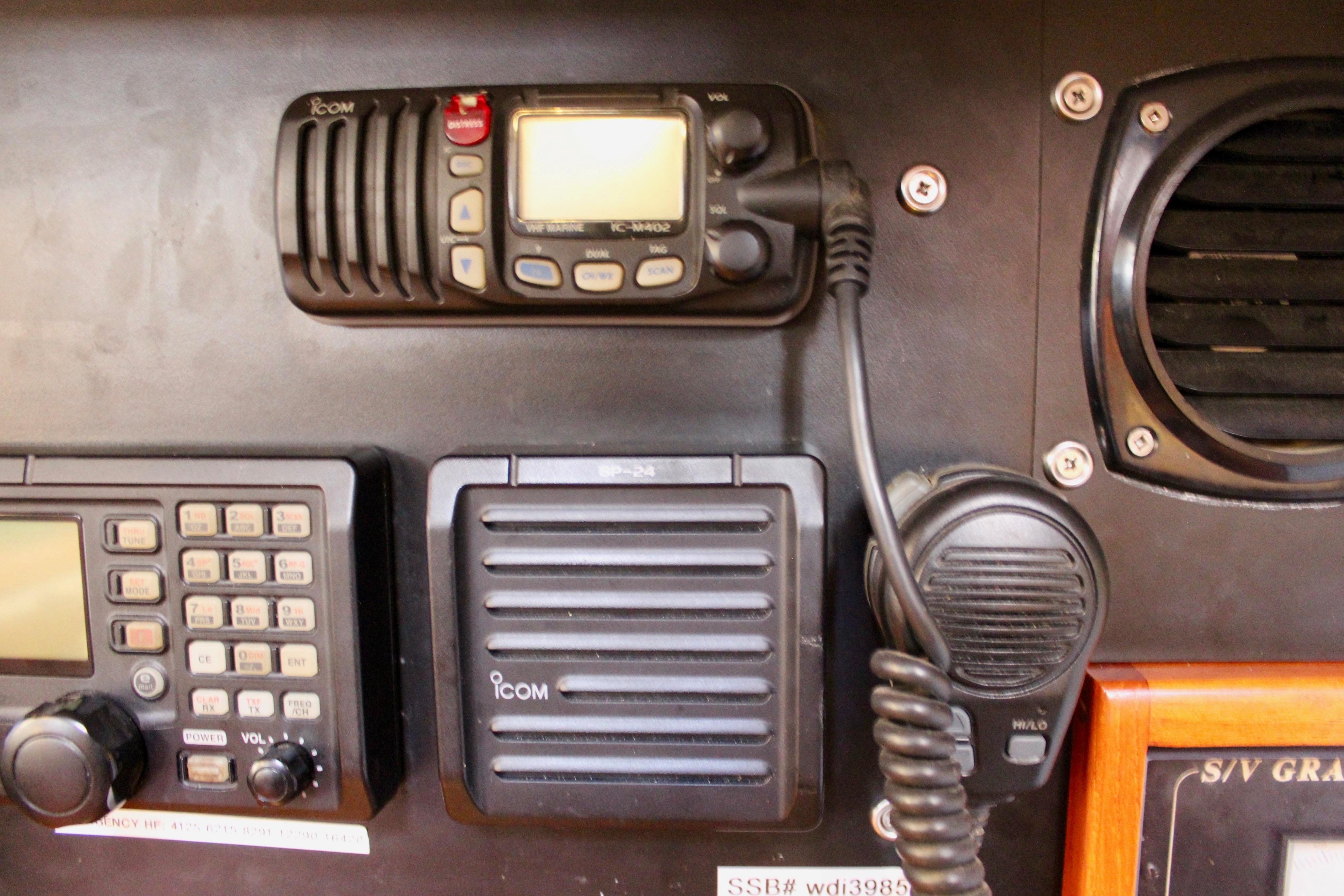 Marine radio equipment on a 1981 Kelly Peterson 46 sailboat.