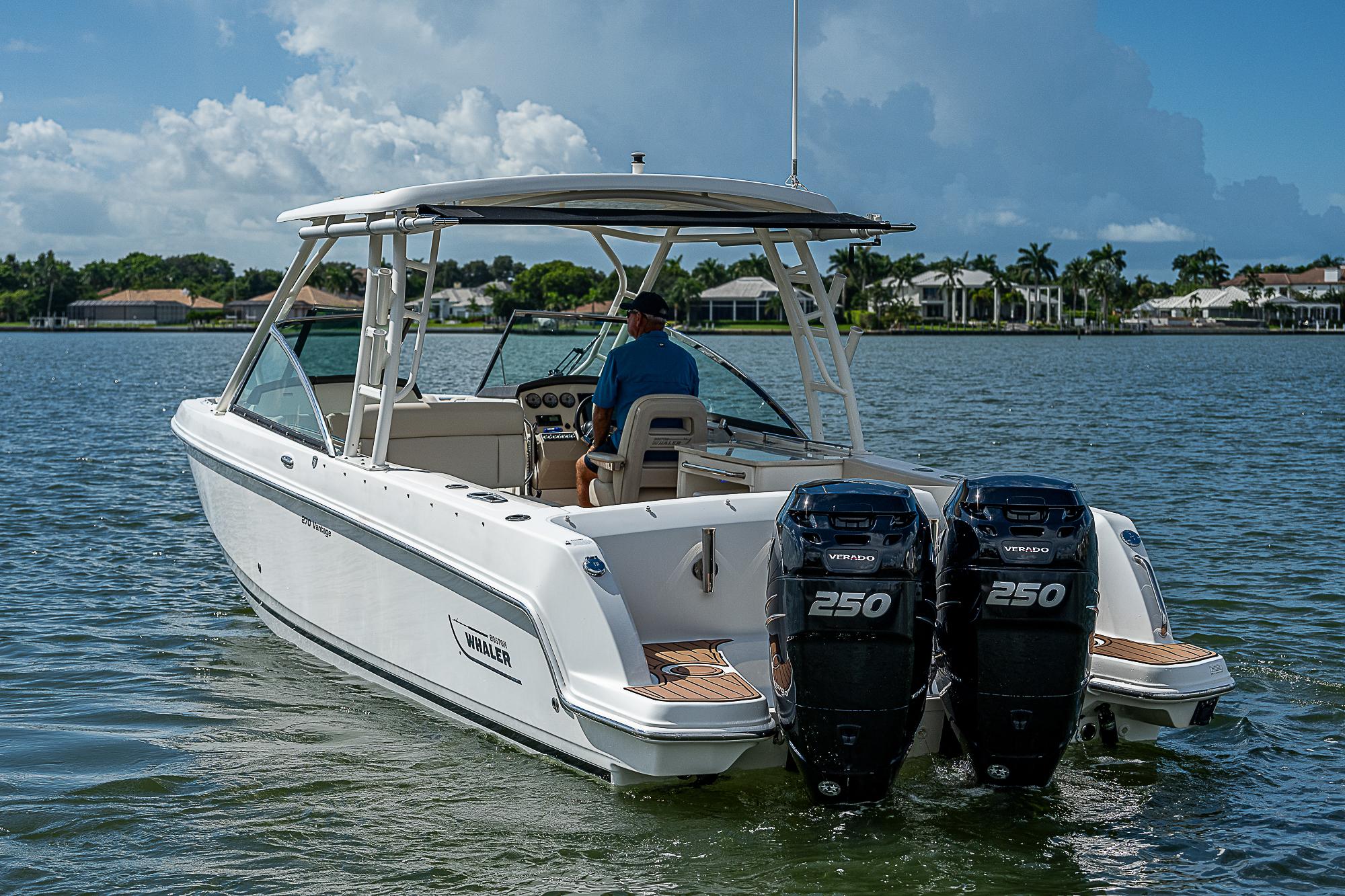 2018 Boston Whaler 270 Vantage boat cruising on a sunny day.