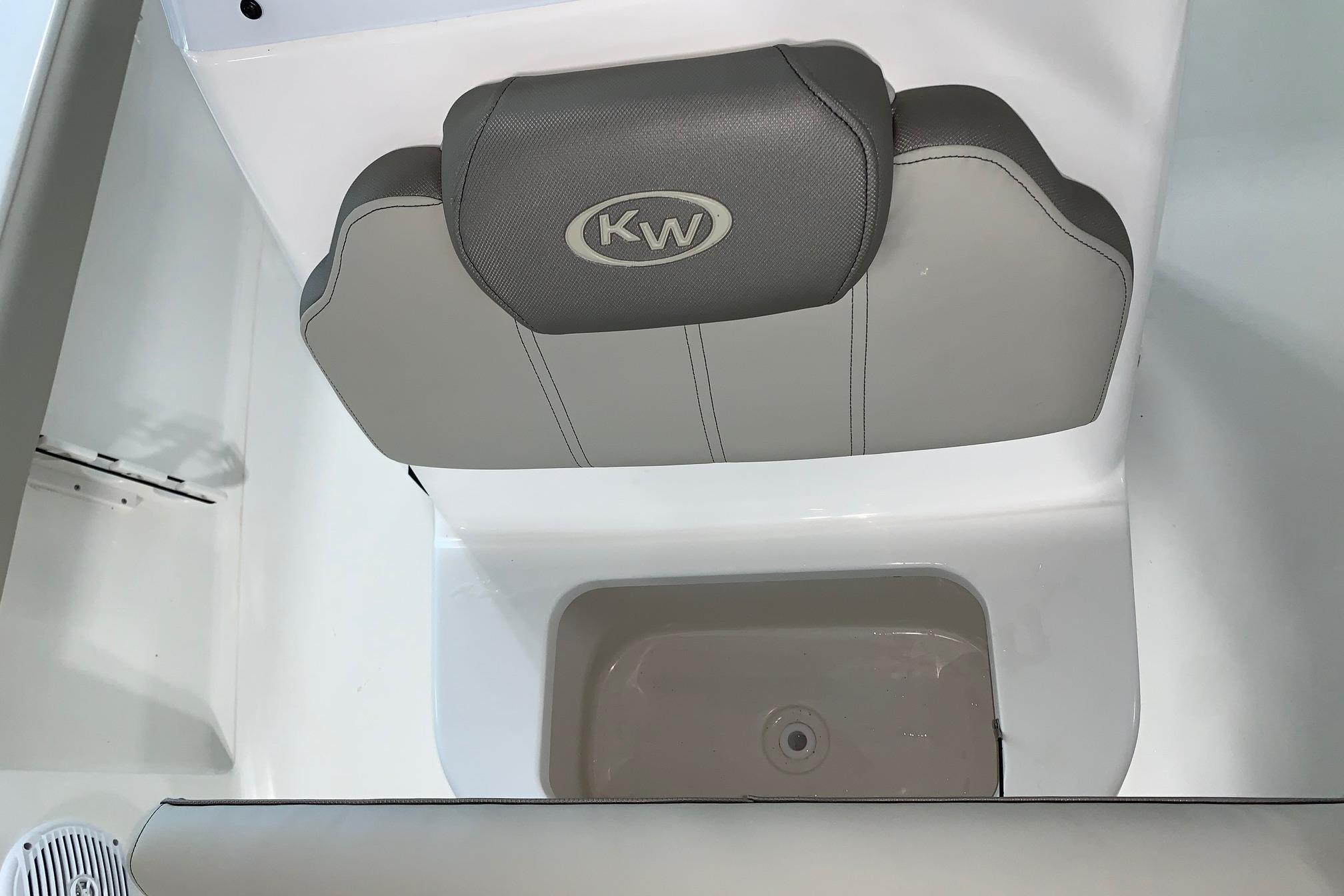 2026 Key West 188 Bay Reef boat seat with KW logo, featuring sleek gray upholstery.