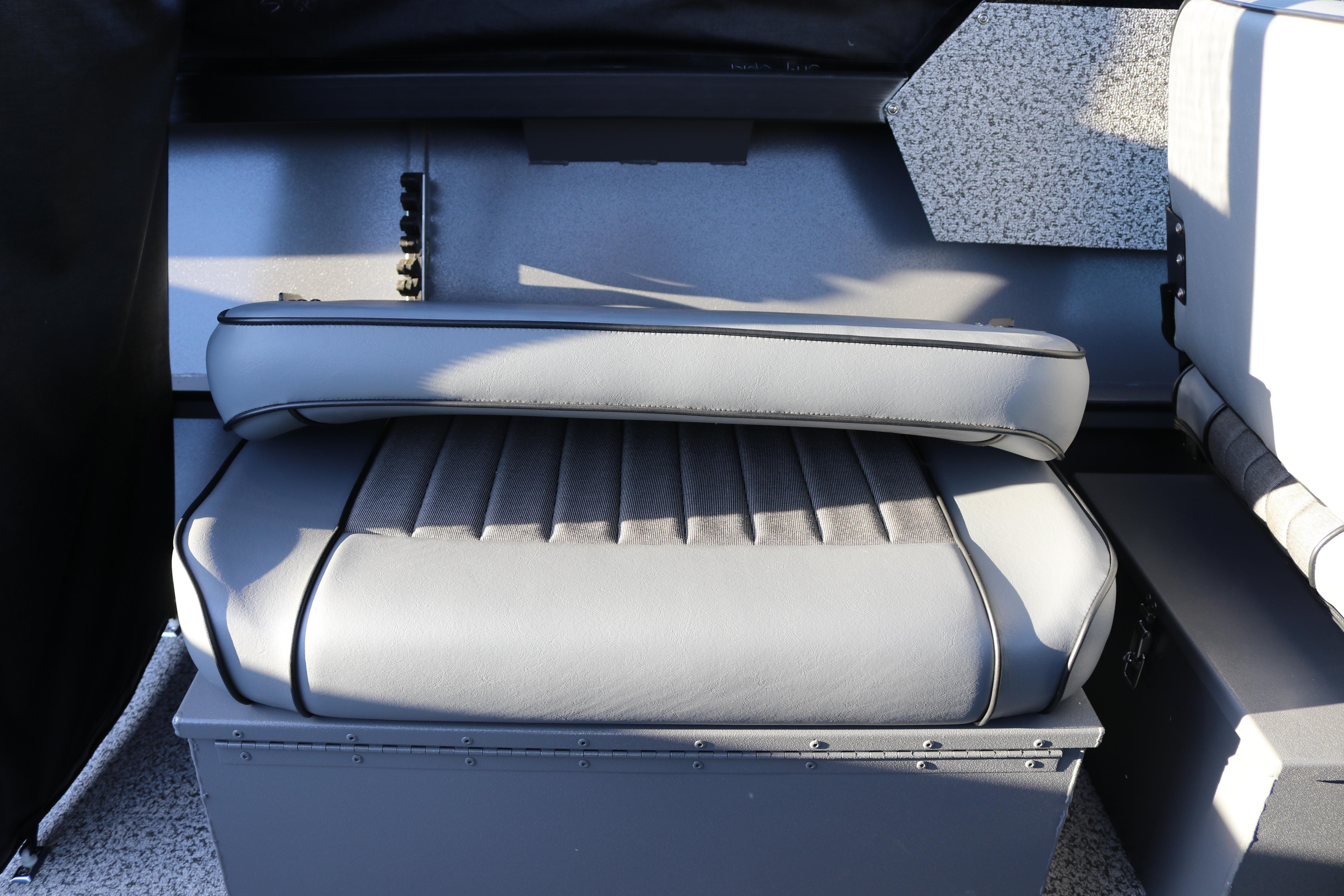 2026 Alumaweld Stryker X202 boat seat with gray upholstery and storage compartment.