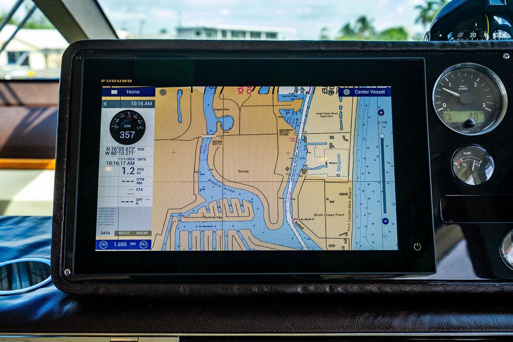 Navigation system on 2010 Princess V78 yacht displaying a detailed marine map.