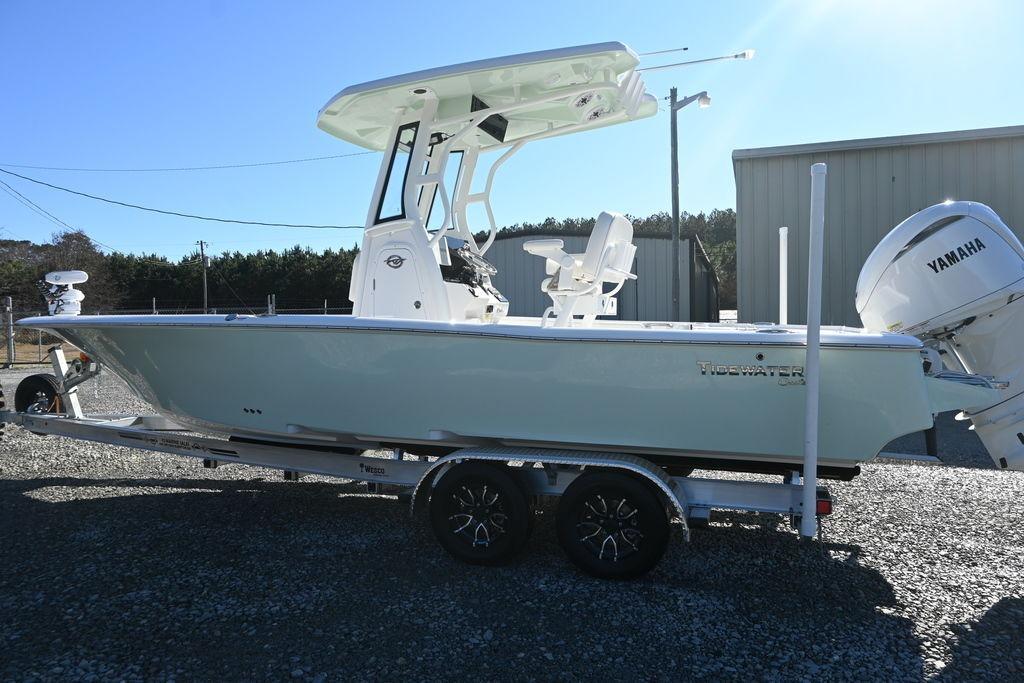 2026 Tidewater 2500 Carolina Bay boat on trailer with Yamaha engine, parked outdoors.