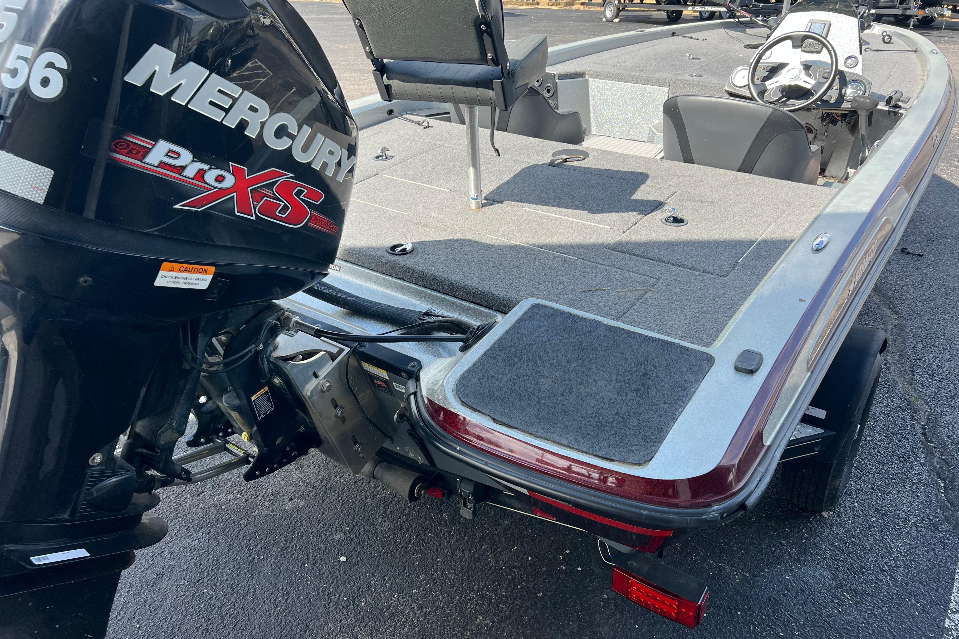 2015 Stratos 186 VLO boat with Mercury Pro XS outboard motor, rear view.