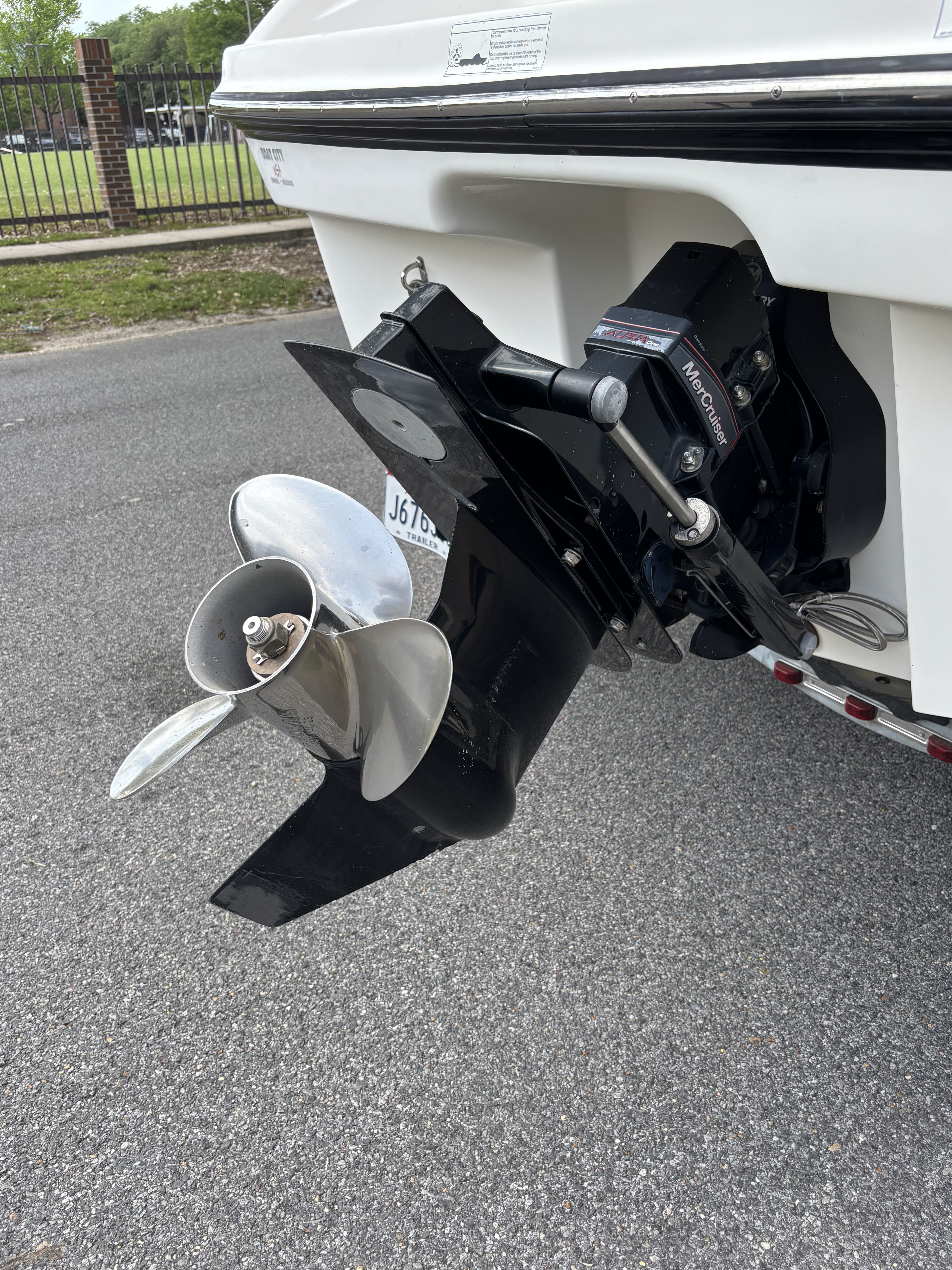 Close-up of a boat propeller on a trailer.