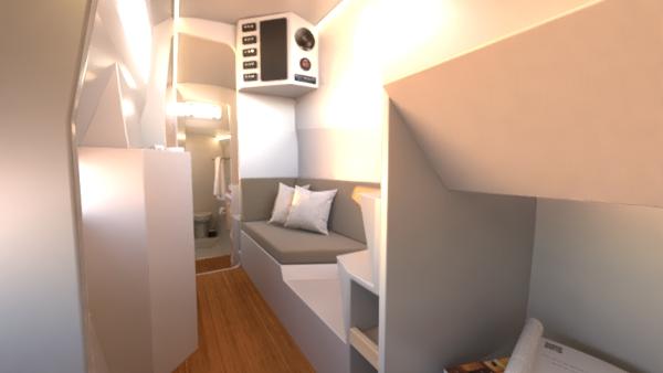2024 Catamaran Cruisers Power Cat interior with modern seating and wooden flooring.