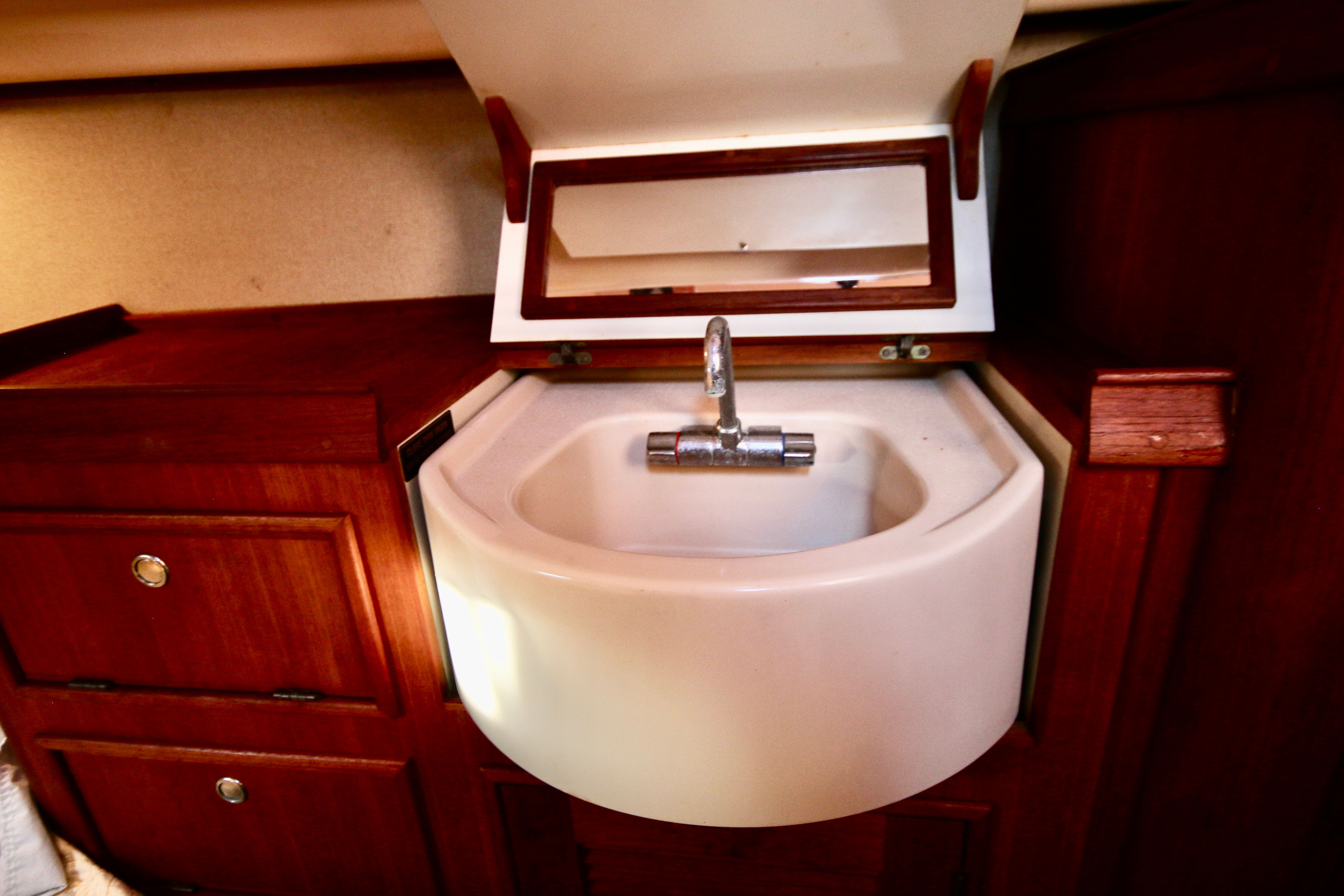 Bathroom sink in a 2002 Island Packet 380 yacht.