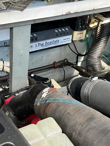 Engine compartment of 2001 Sea Ray 340 Sundancer with boat safety system.