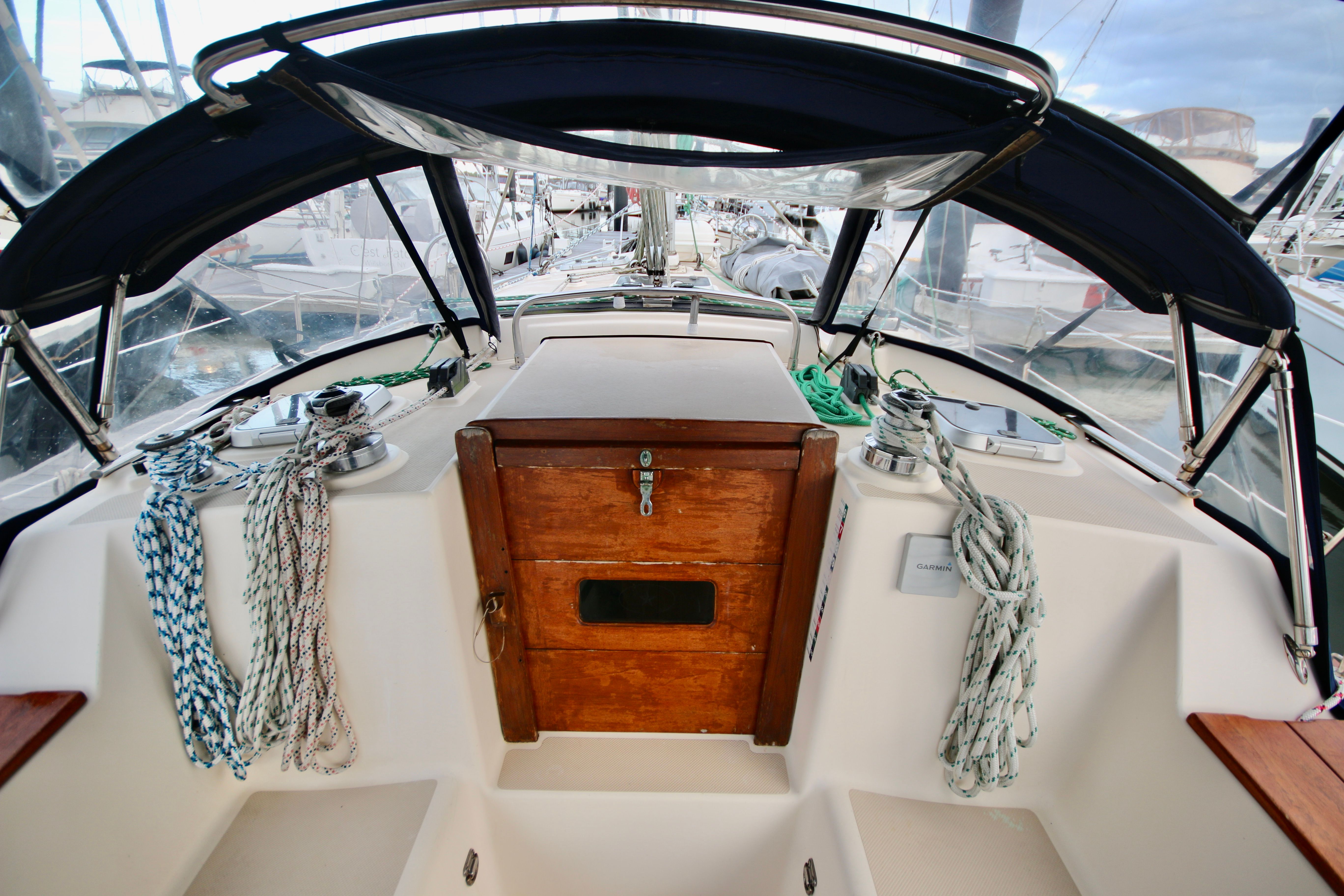 Cockpit of a 2002 Island Packet 380 sailboat.