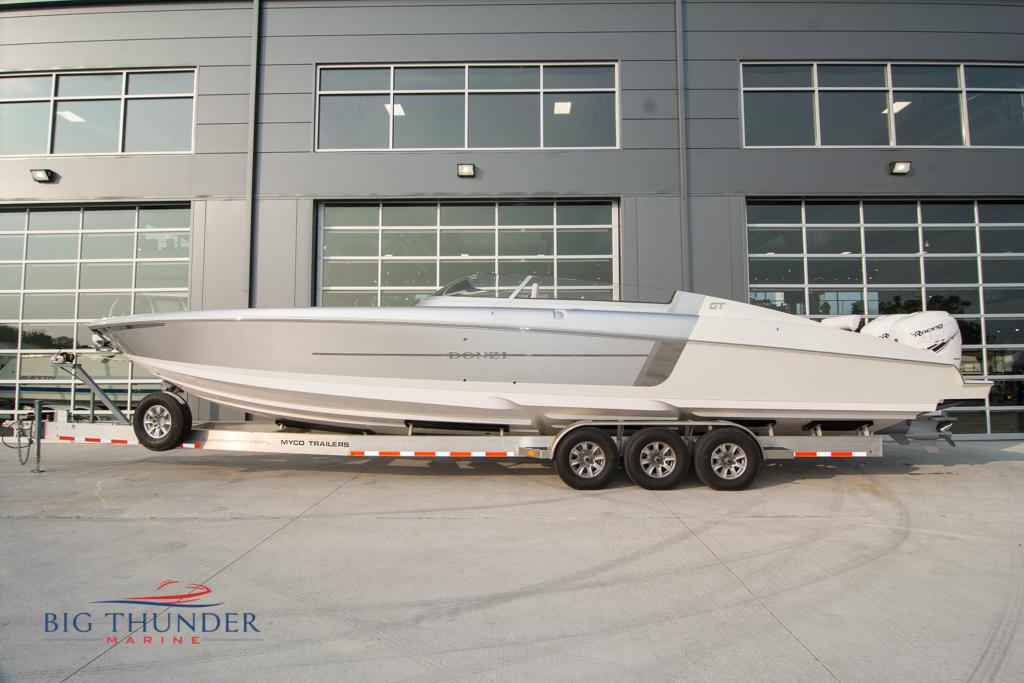 2019 Donzi 41 GT boat on a trailer outside Big Thunder Marine.
