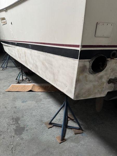 1984 Post Convertible boat on stands, ready for sale, great deal opportunity.