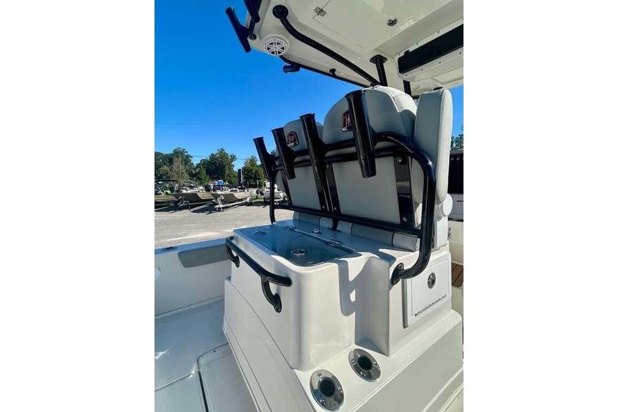 2026 Ranger 2360 Bay boat interior with seating and rod holders.