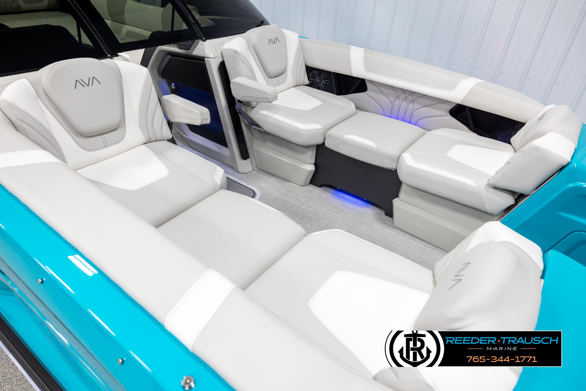 Luxurious interior of 2025 Avalon 2585 Excal VRBW boat with plush seating.
