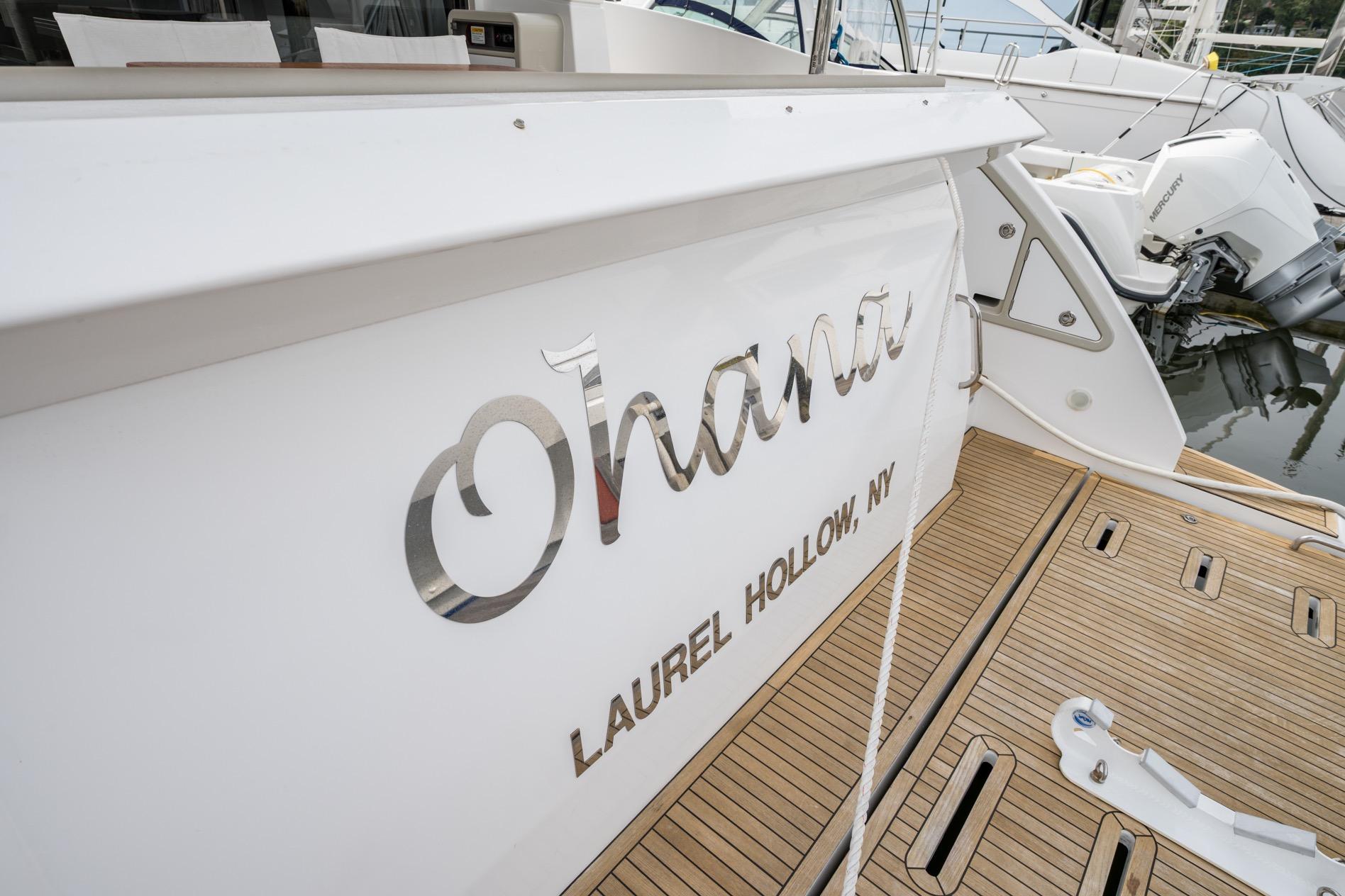 Azimut Fly 50 yacht, 2020 model, docked with "Ohana" nameplate, Laurel Hollow, NY.