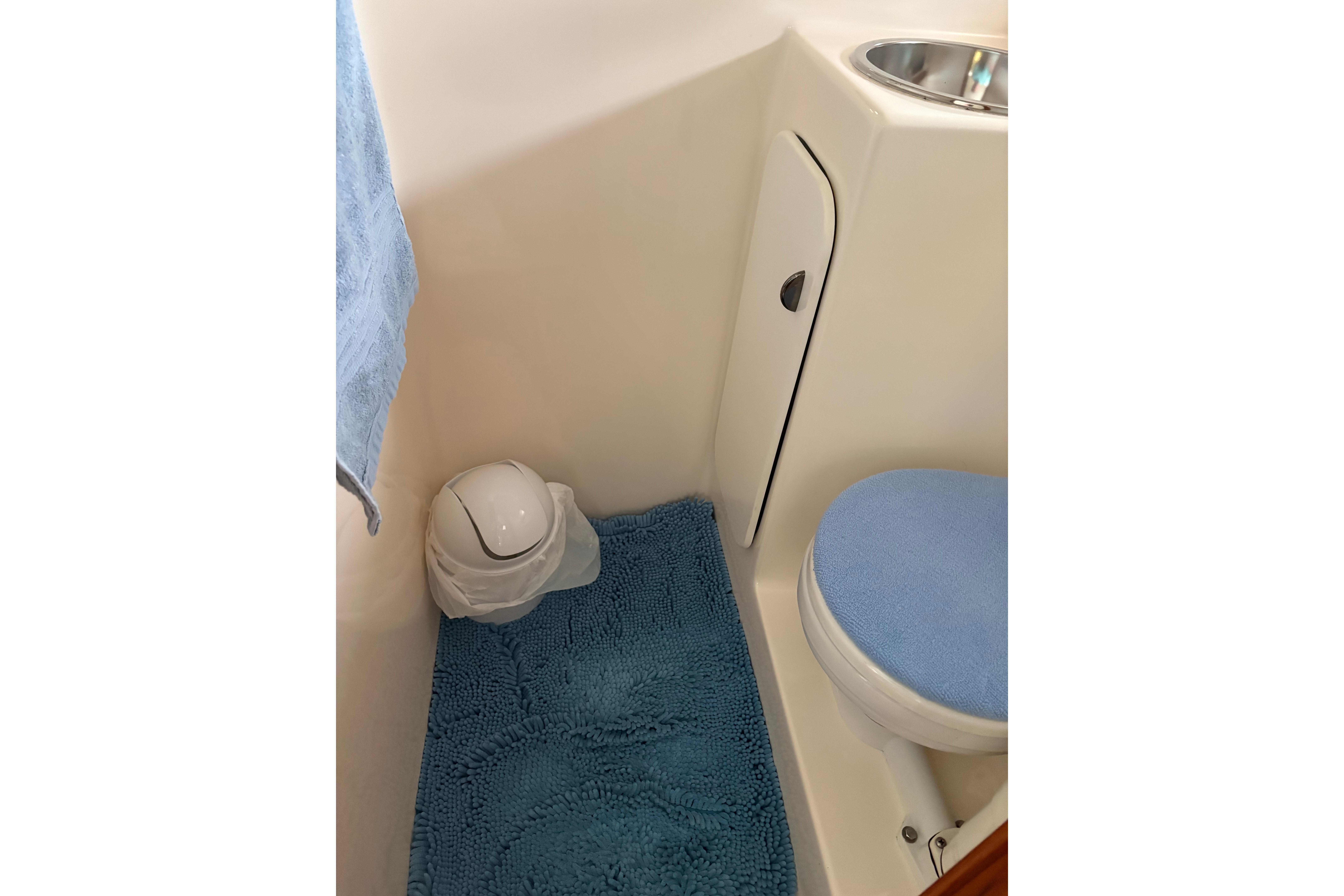 Bathroom interior of 1999 Tiara Yachts 3100 Open with blue accents and compact design.