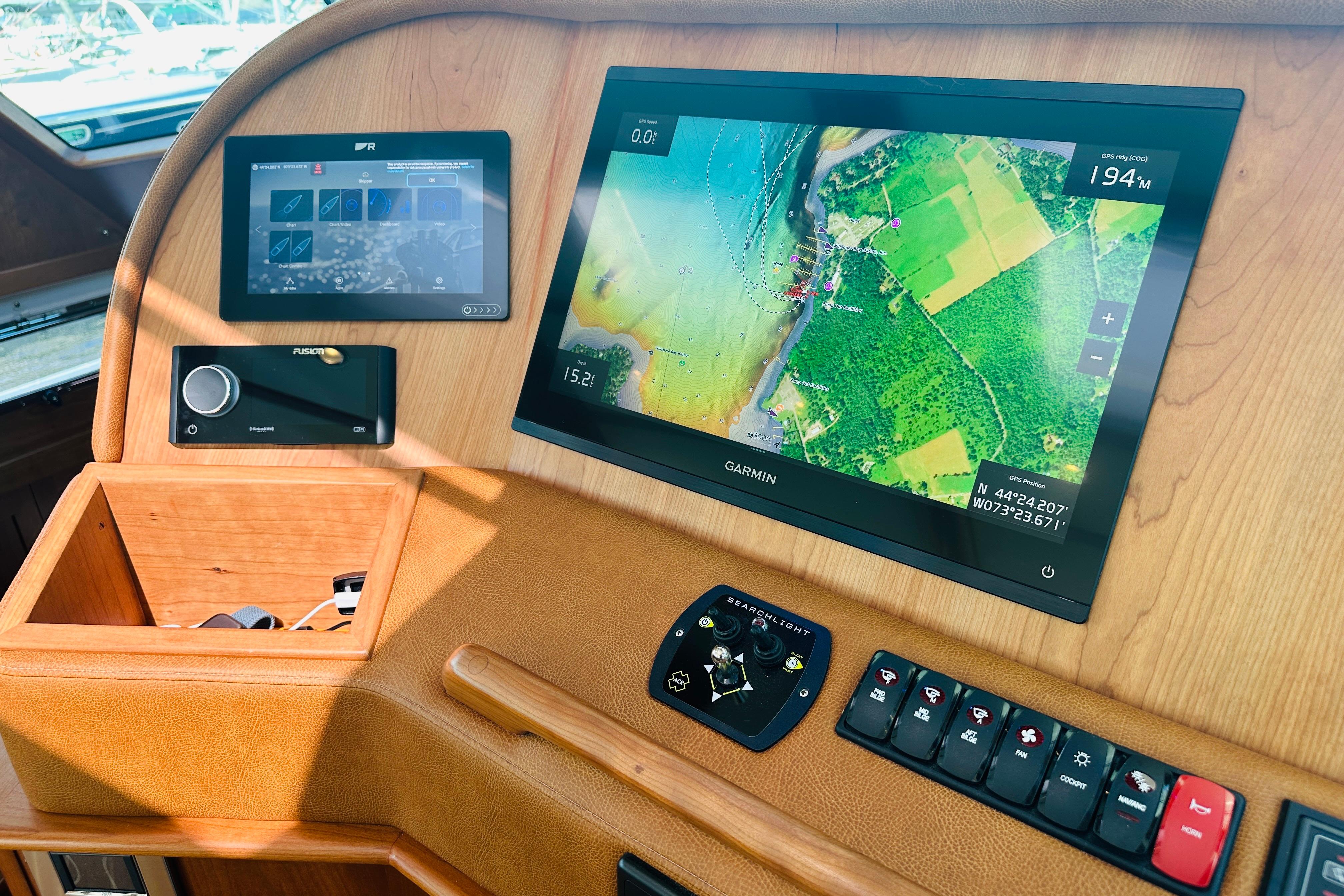 2025 Sabre 48 Salon Express dashboard with Garmin navigation and control panels.