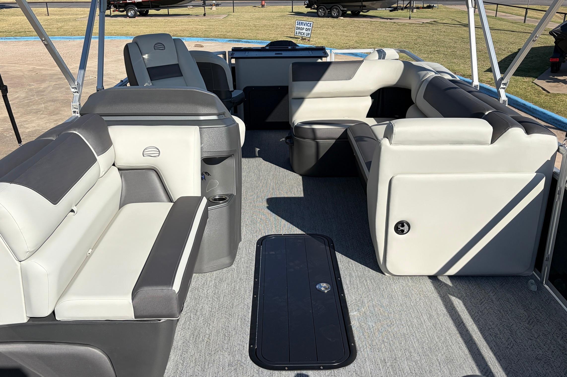 2026 Sun Tracker Fishin' Barge 22 XP3 interior with spacious seating and modern design.