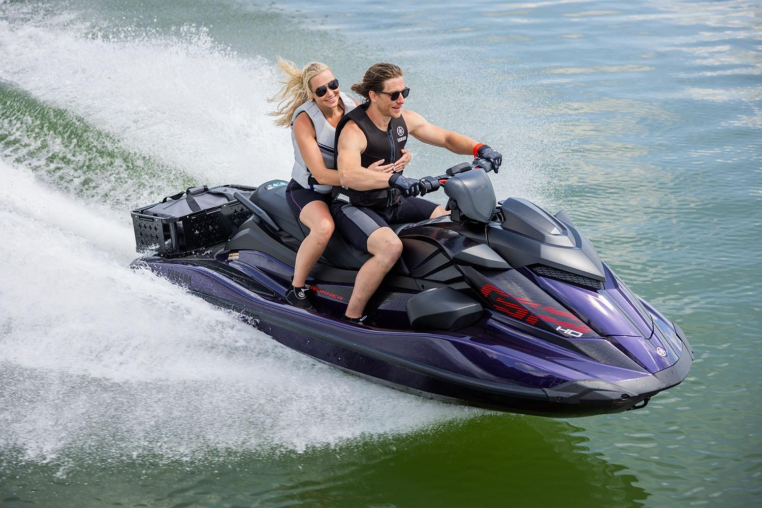 Manufacturer Provided Image: 2026 Yamaha WaveRunner GP HO jet ski with two riders speeding on water.
