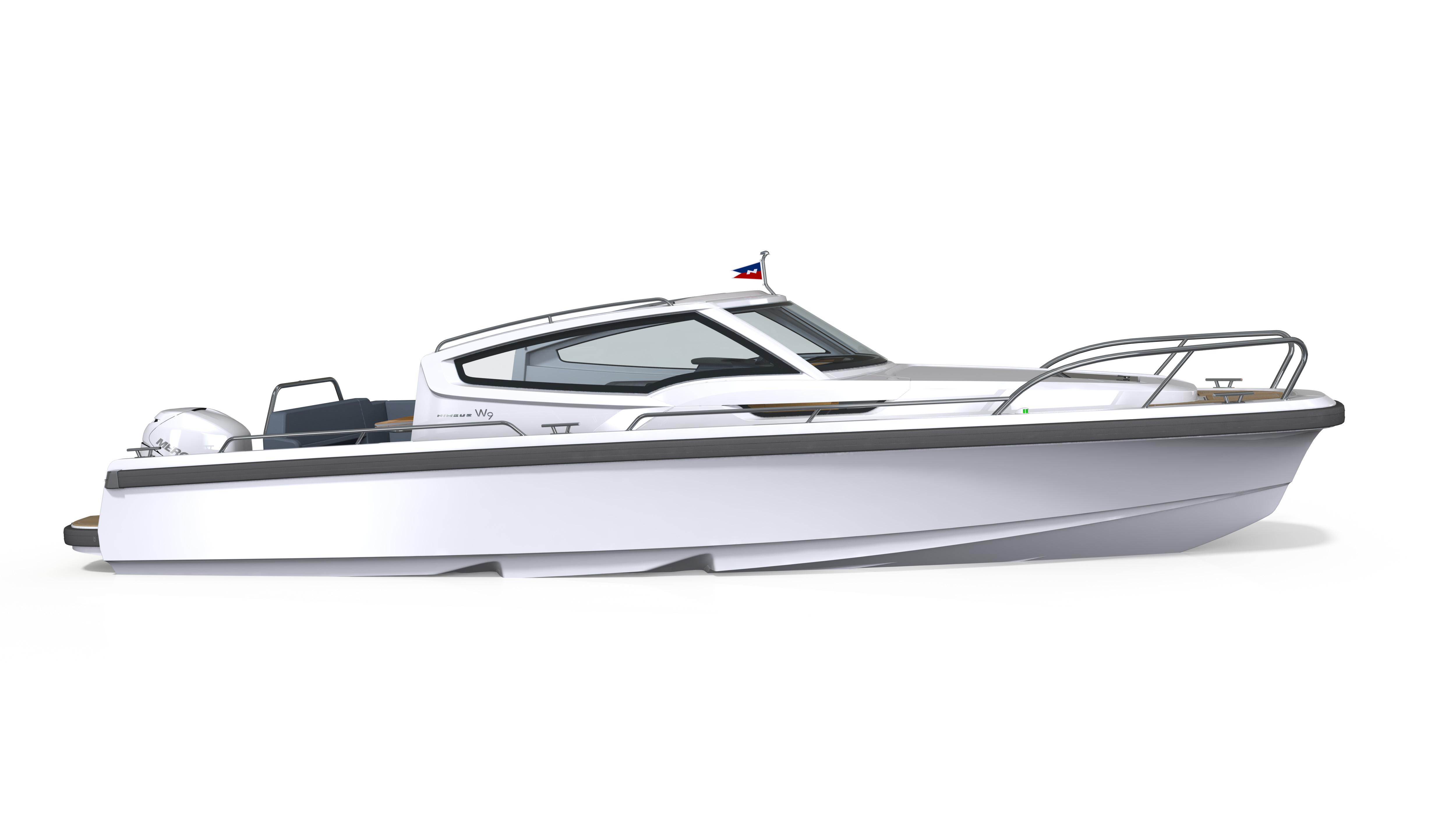 2025 Nimbus Weekender 9 boat, sleek design, side view, white hull, modern cabin.