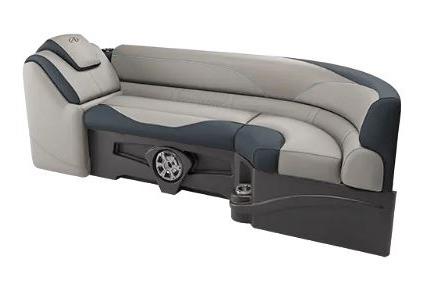 2026 Tahoe Pontoon LTZ boat seating, luxurious gray and black design with integrated speaker.
