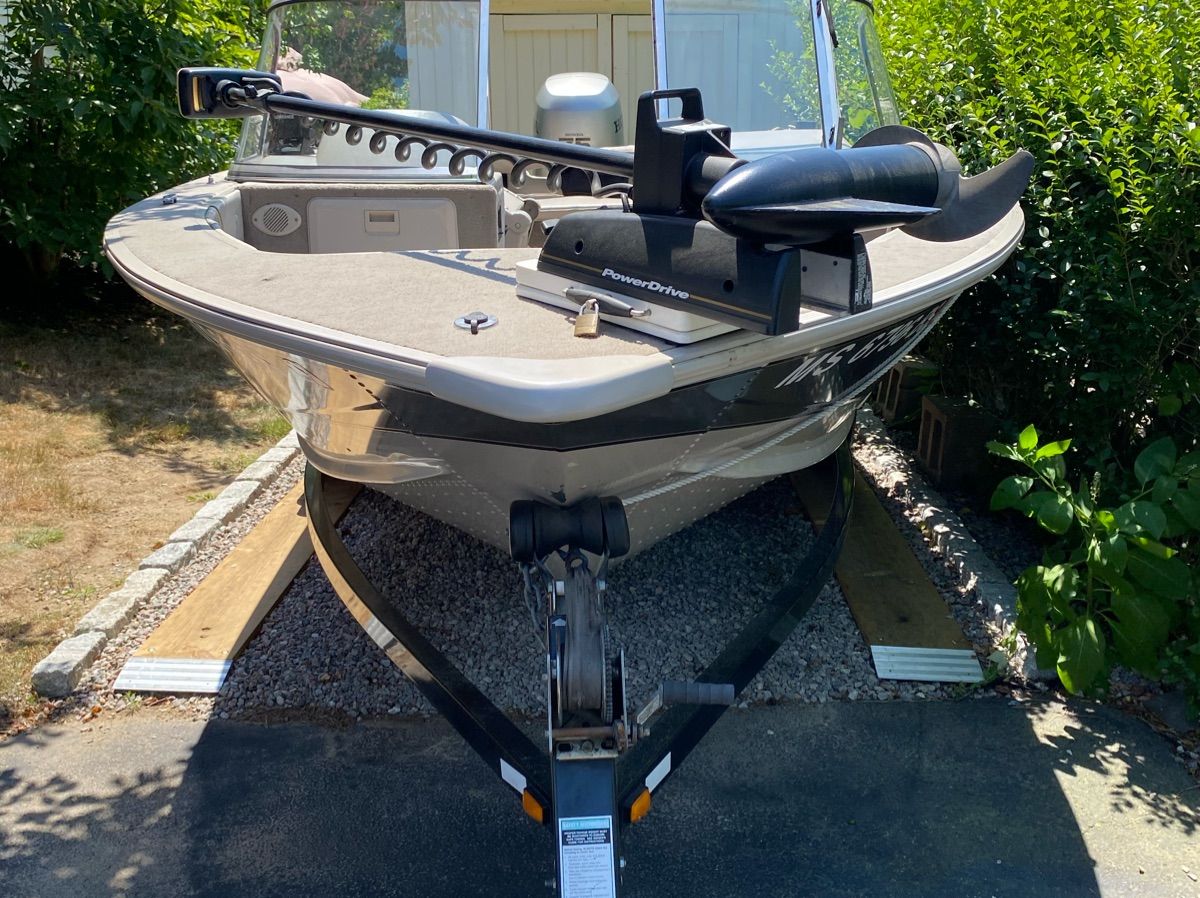 A 1999 Sylvan Explorer boat on a trailer, surrounded by green bushes.