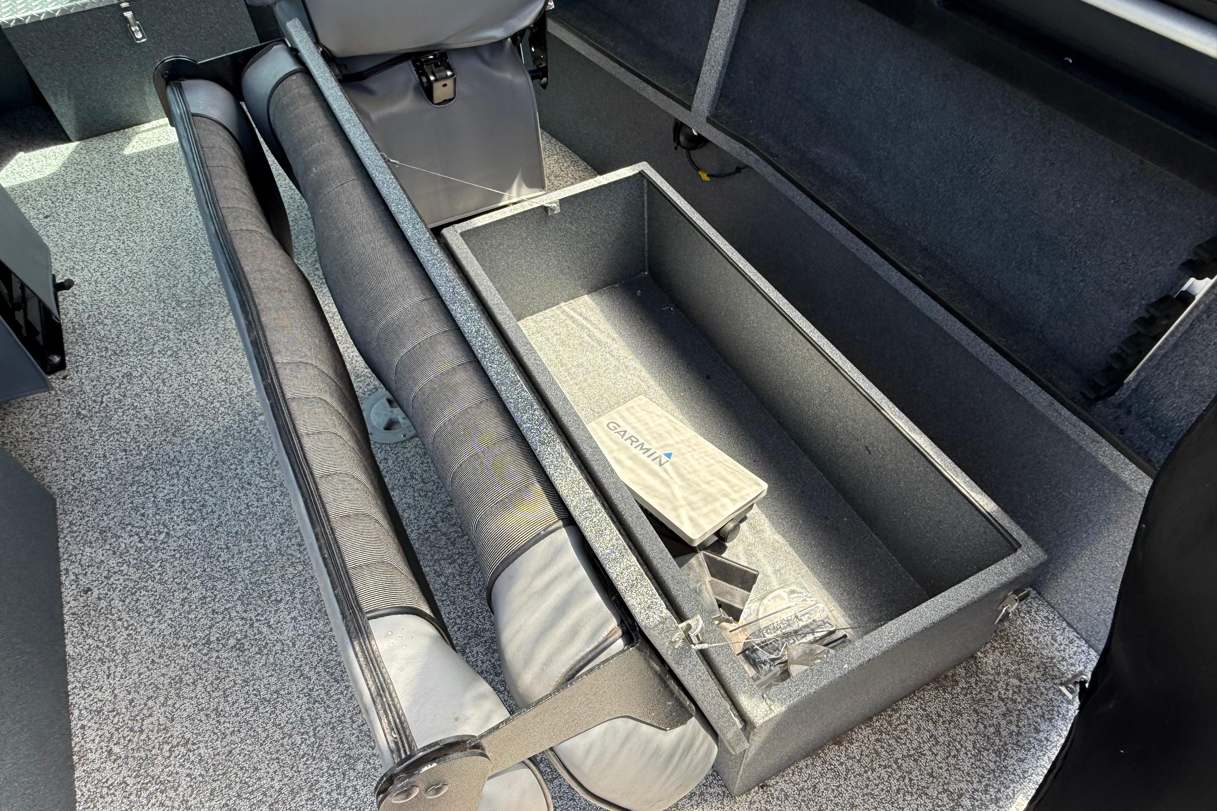 2019 Alumaweld Intruder Hard Top 22' interior storage compartment with Garmin equipment.