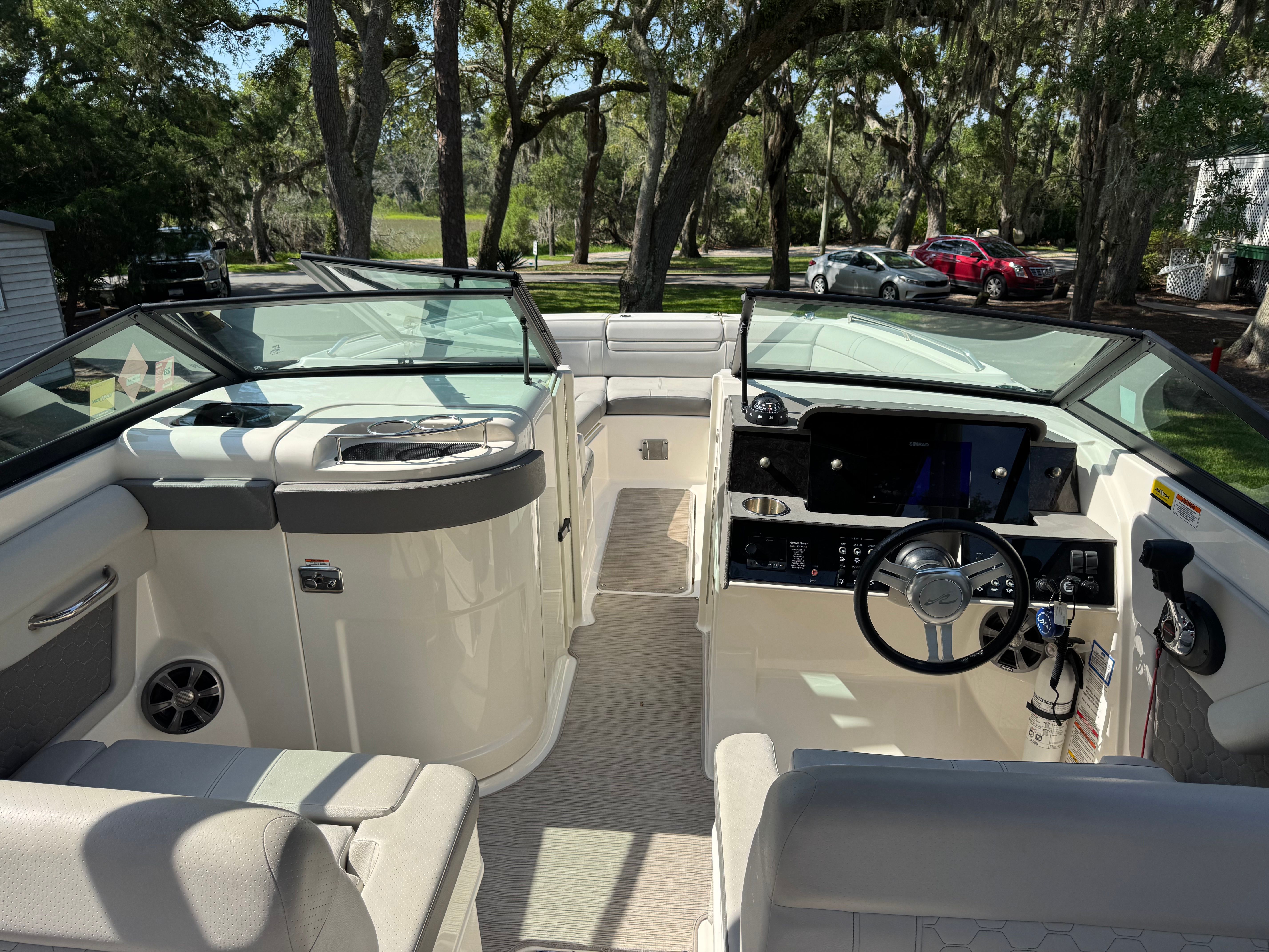 Interior of a 2020 Sea Ray SDX 270 Outboard boat, modern design.