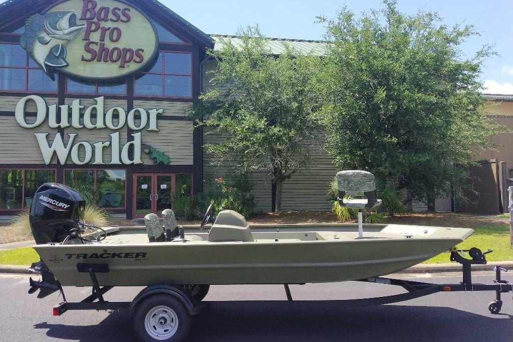 2026 Tracker Grizzly 1754 SC boat outside Bass Pro Shops Outdoor World.