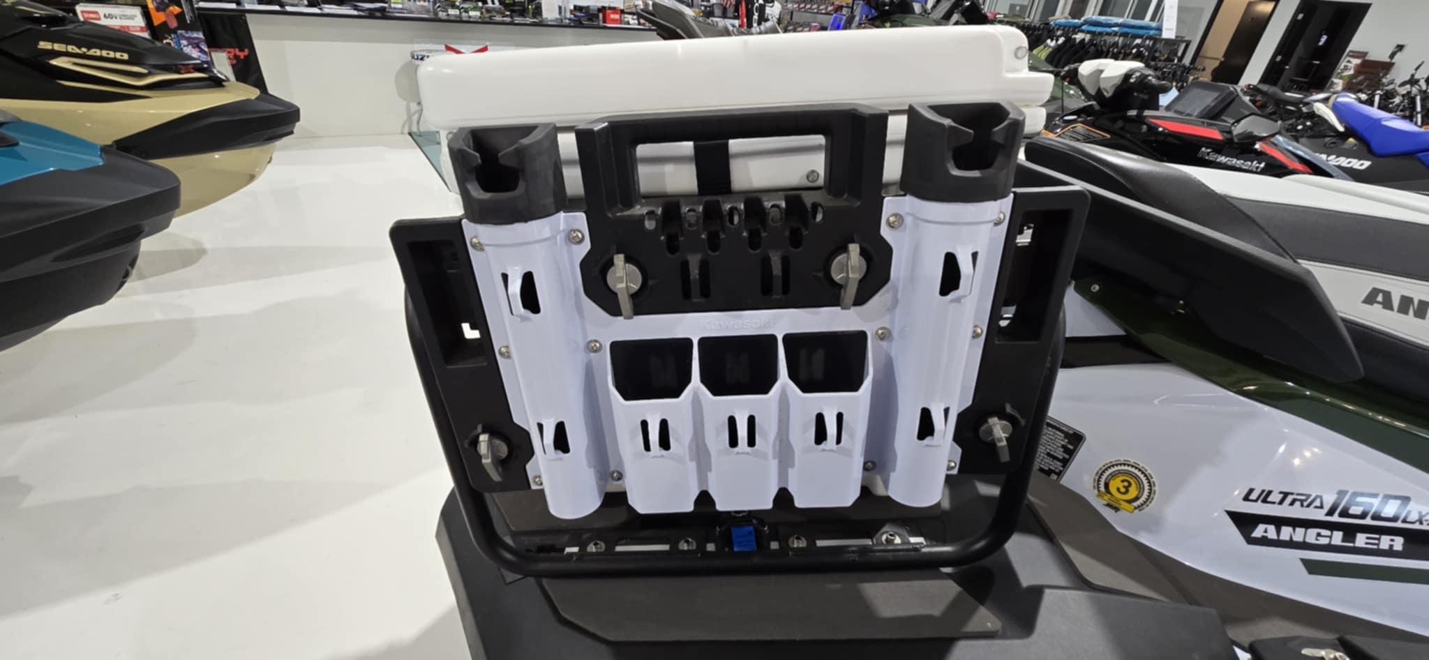 2025 Kawasaki Jetski Ultra 160 LX-S Angler with fishing rod holders in showroom.