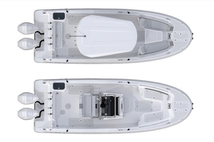 Wellcraft 243 Fisherman 2026, top view, dual engines, spacious deck layout.