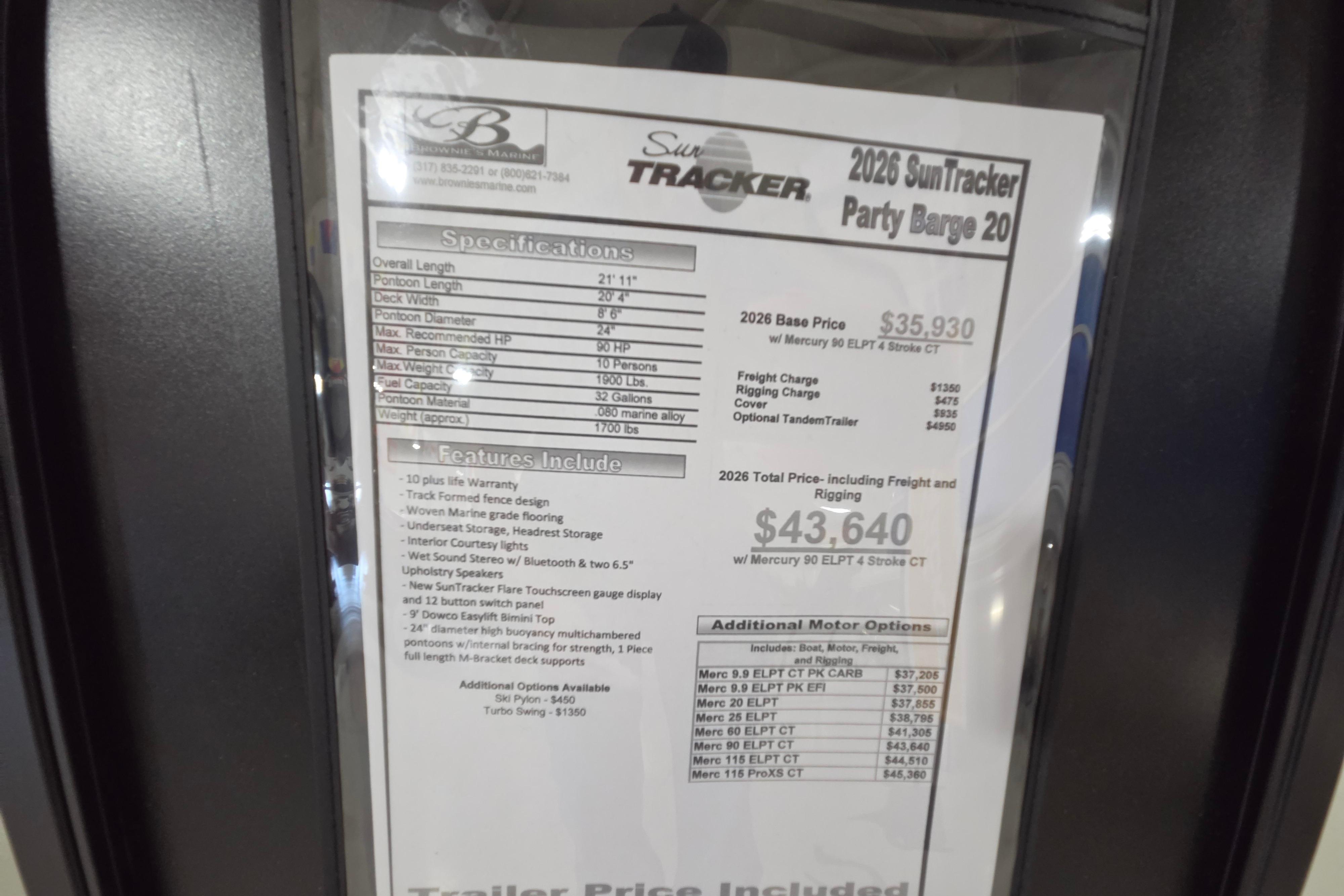 2026 Sun Tracker Party Barge 20 DLX specifications and pricing details displayed.