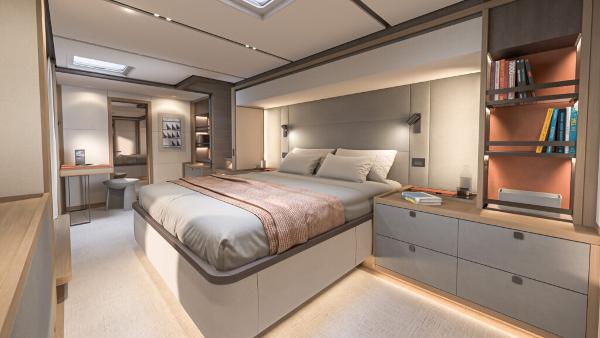 Luxurious interior of 2025 Lagoon 83 yacht with modern bedroom design.
