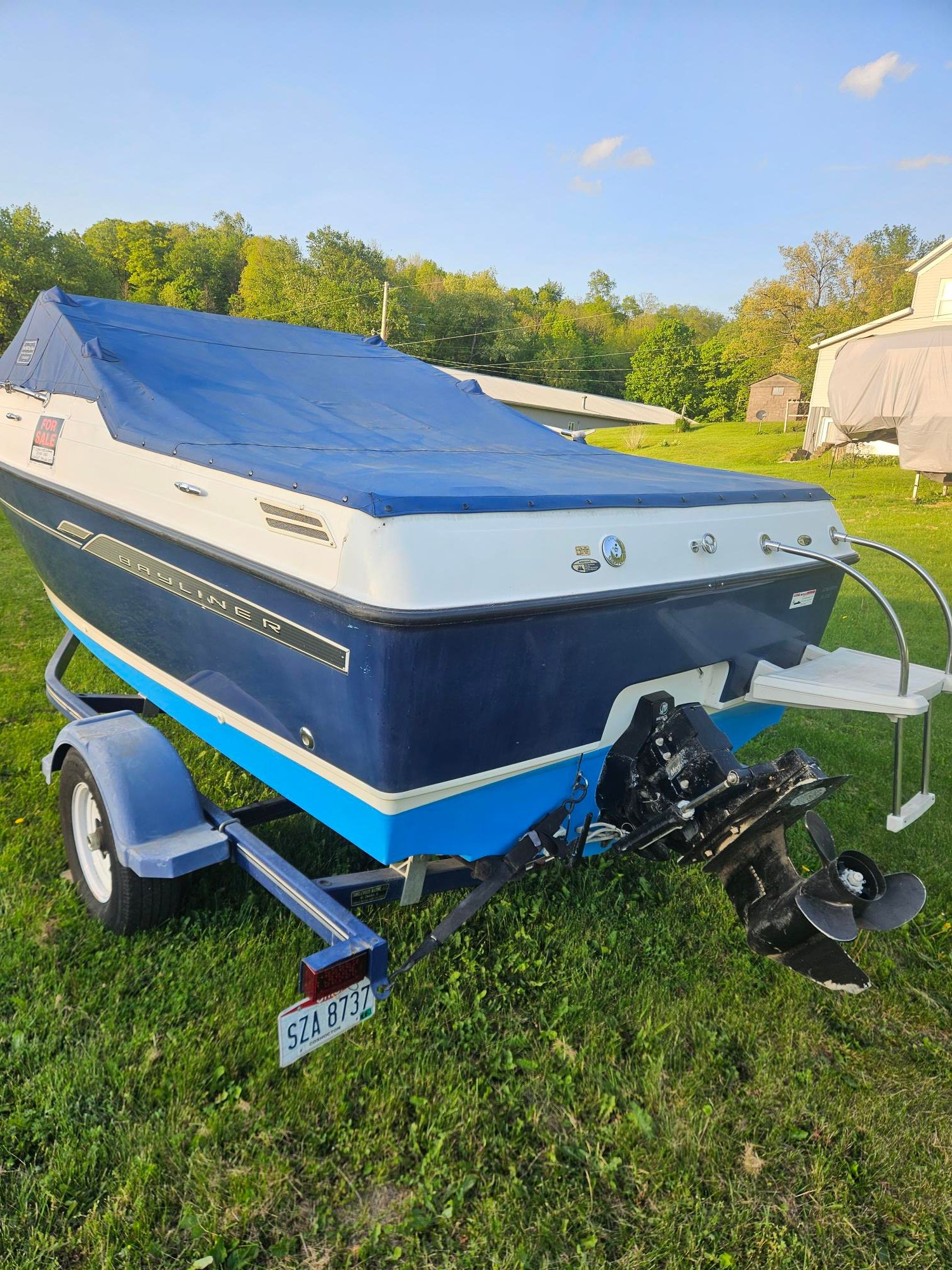 2006 Bayliner Cuddy Cab on trailer in grassy area.
