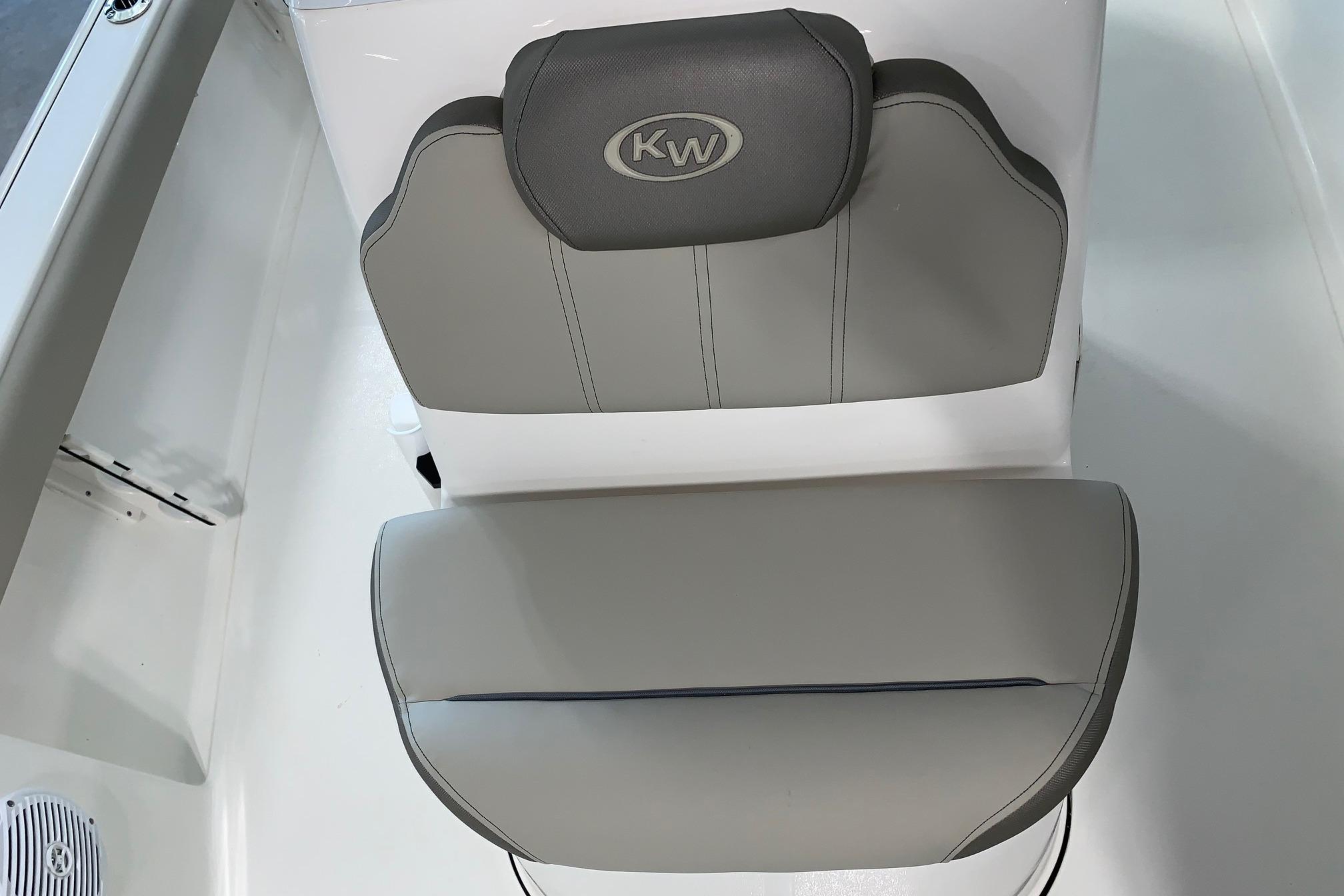 2026 Key West 188 Bay Reef boat seat, gray upholstery, KW logo, top view.