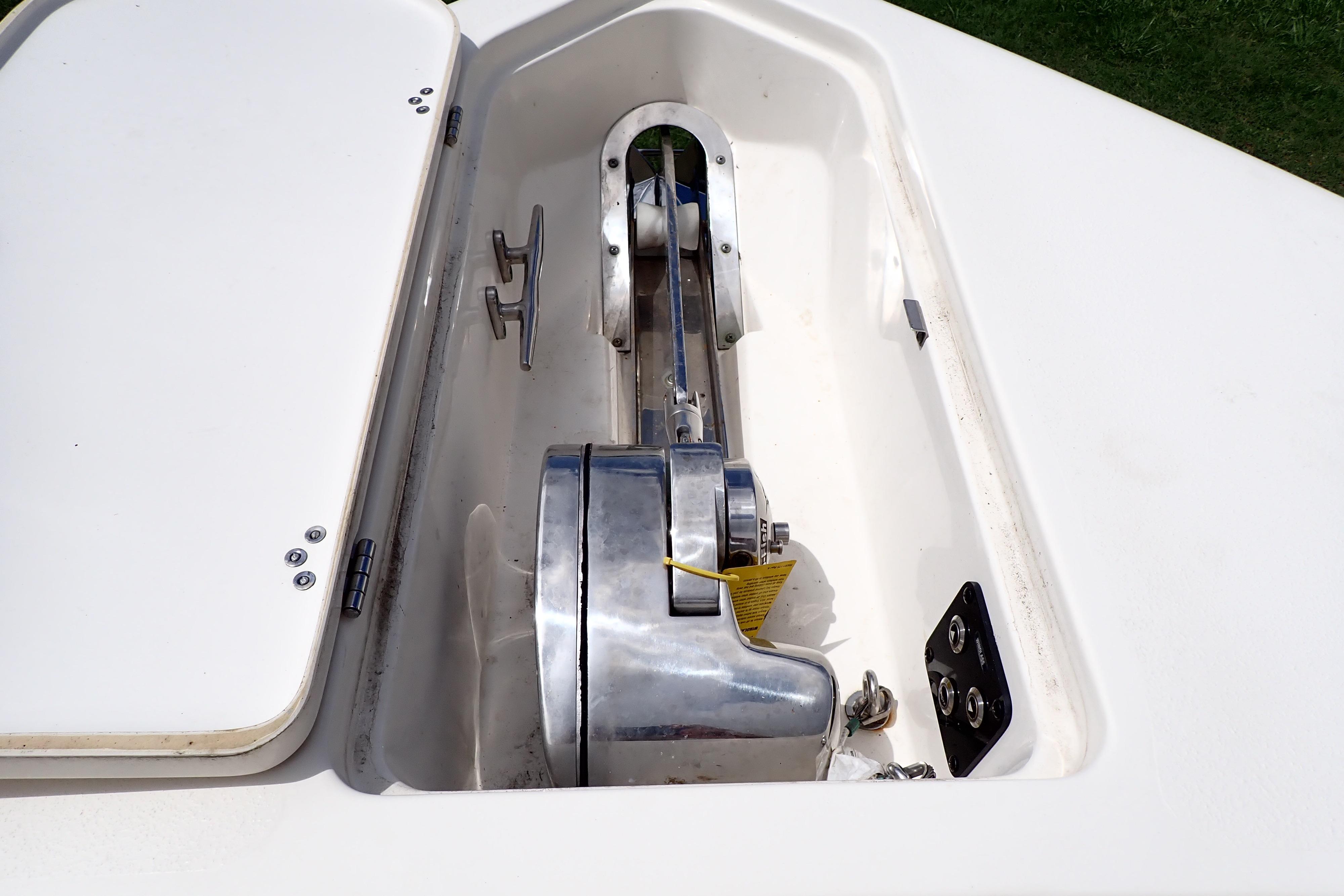 Anchor compartment of 2019 Key West 263 FS boat, featuring stainless steel hardware.