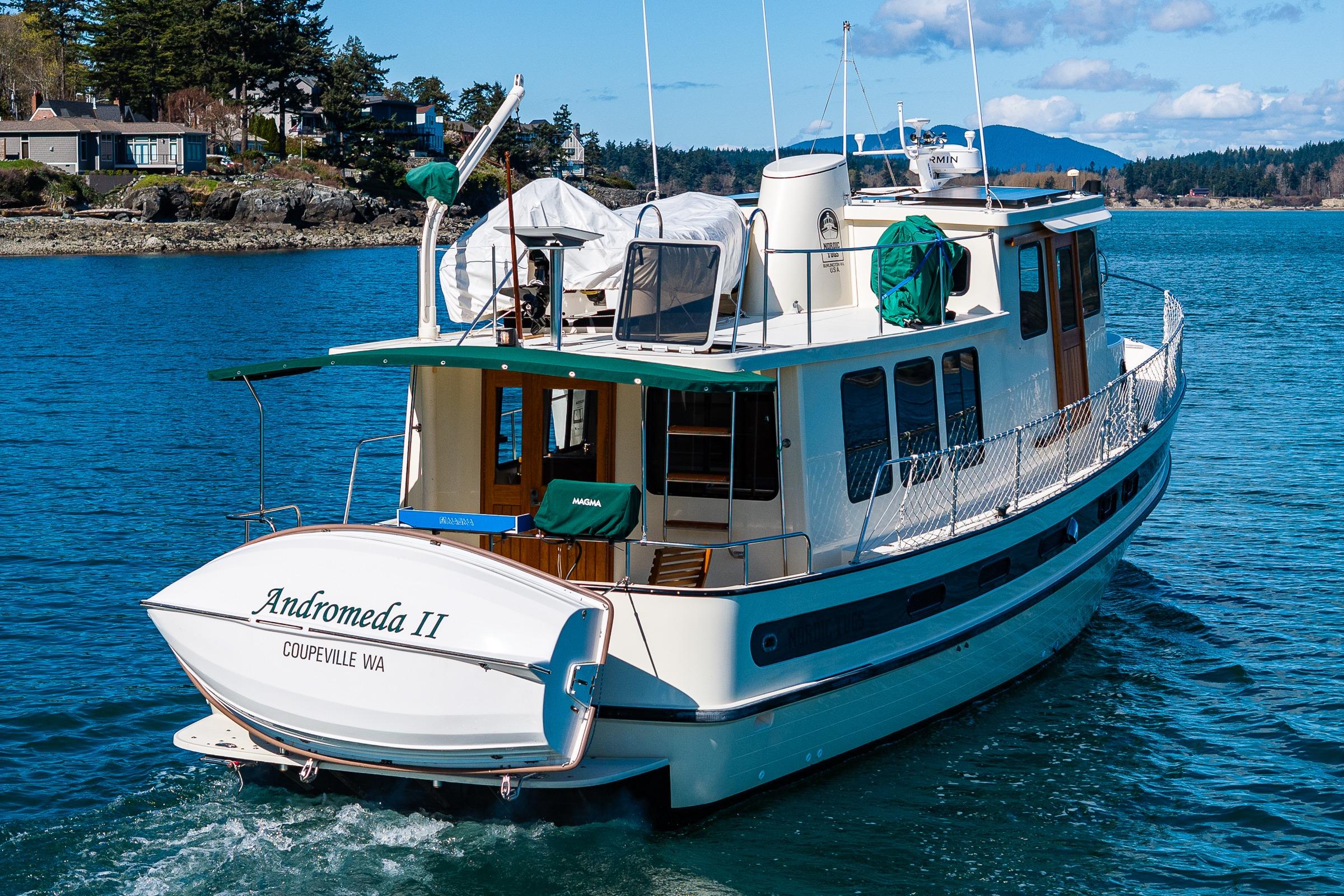 Nordic Tug 42, 1997 model, cruising in scenic waters near Coupeville, WA.