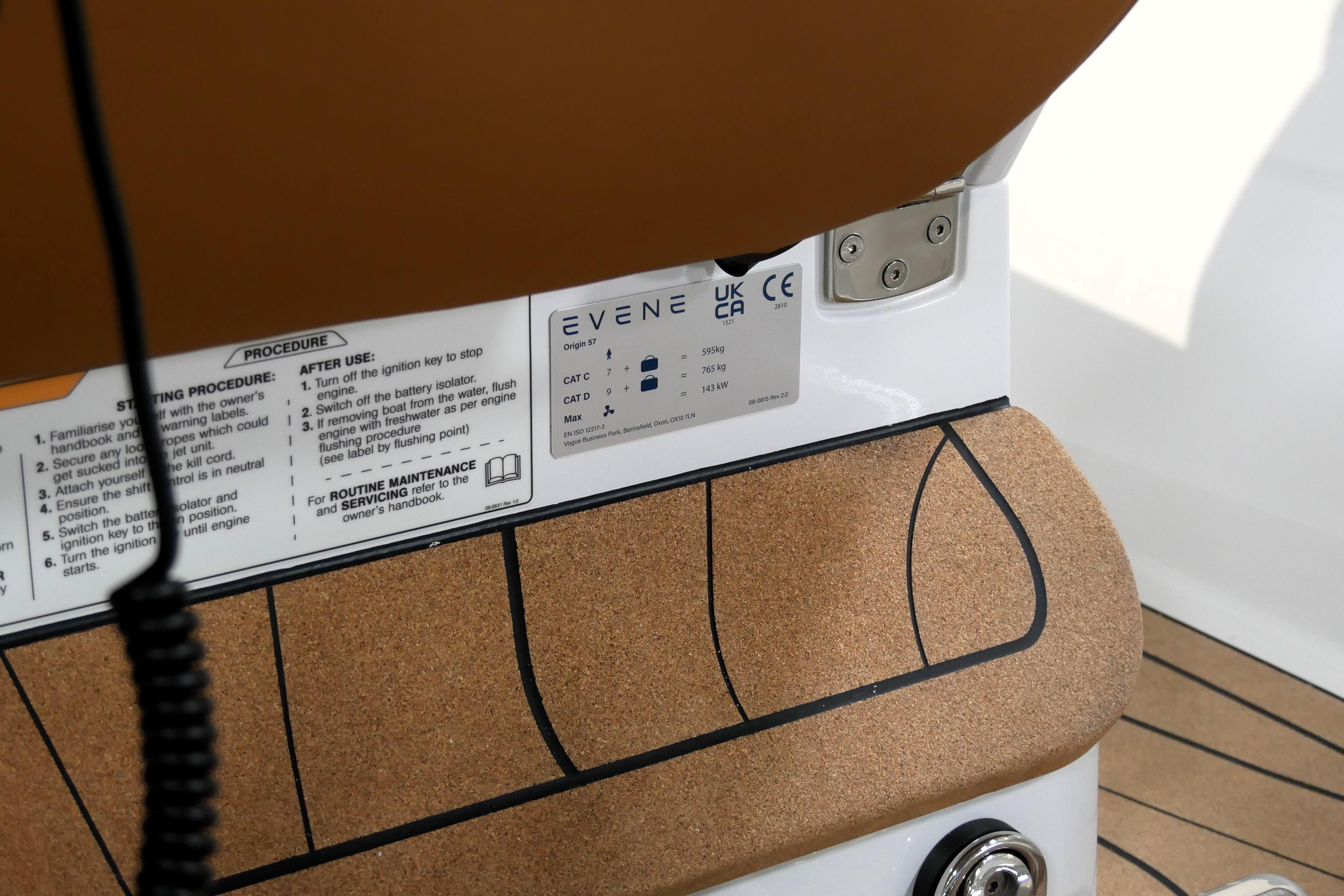 Control panel of Evene Origin 57 boat, 2026 model, with safety instructions and specifications.