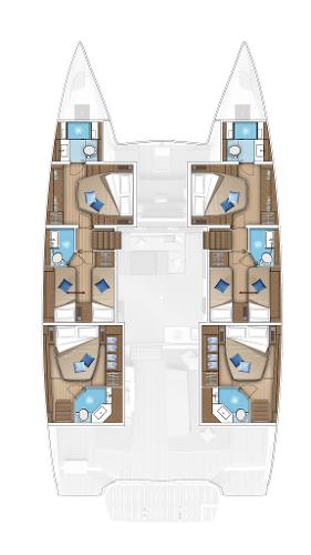 2025 Lagoon 55 catamaran layout with six cabins and en-suite bathrooms.