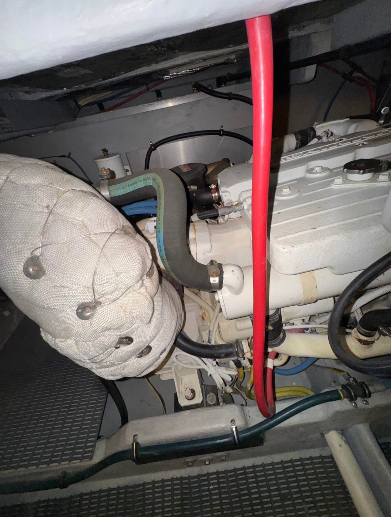 Engine compartment of a 2007 Meridian 411 Sedan boat.