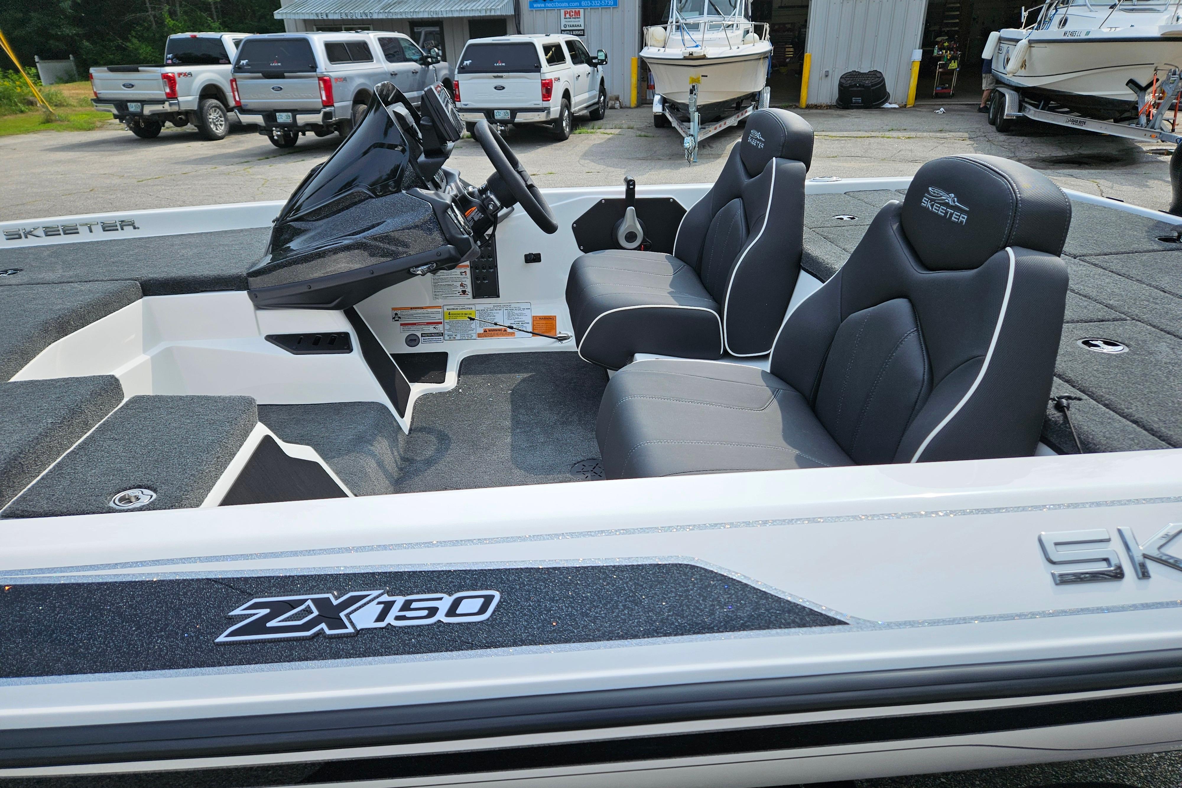 2026 Skeeter ZX150 boat interior with sleek seating and modern dashboard.